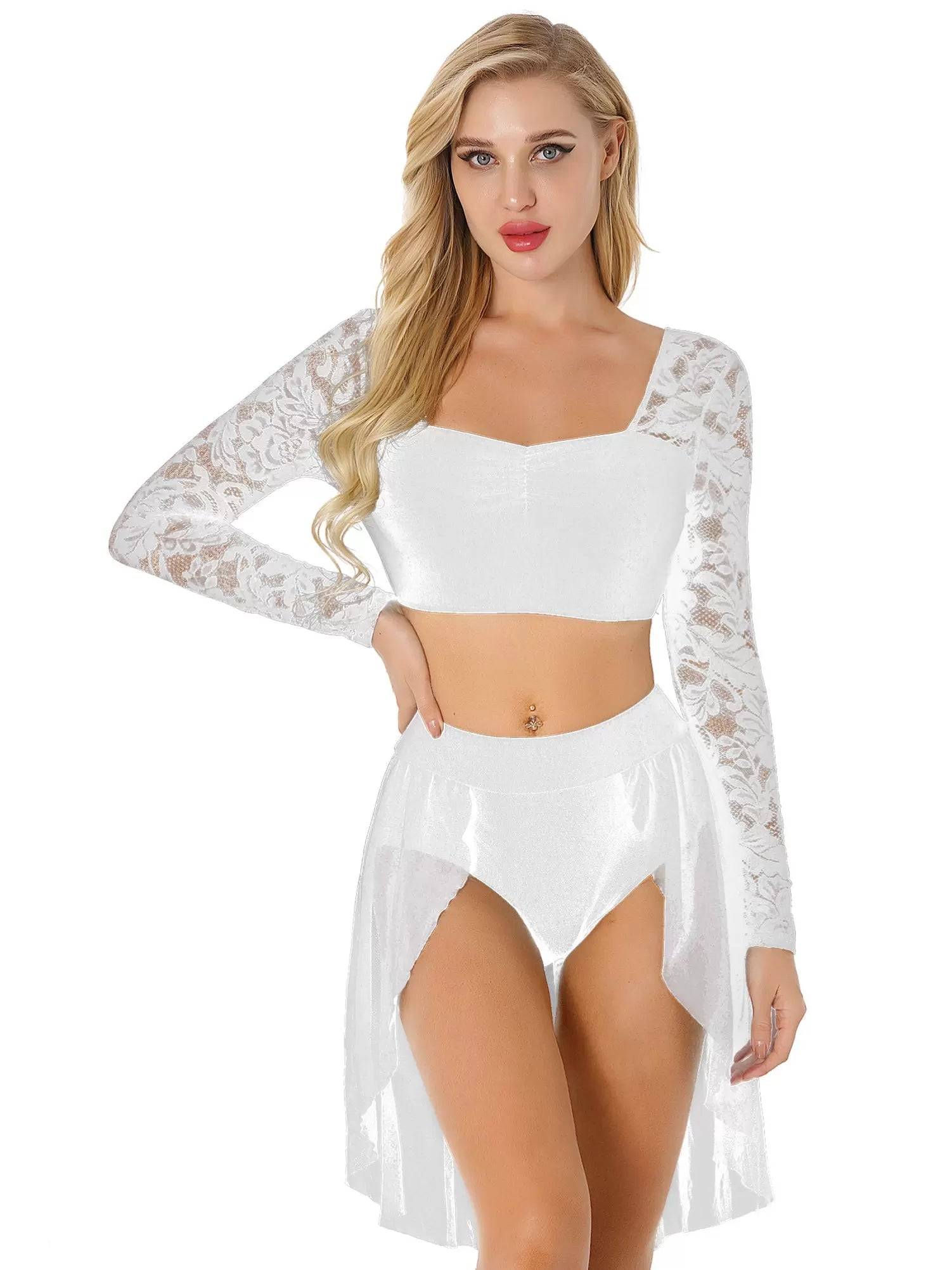 Women 2pcs Long Sleeve Crop Top and Skirted Brief Lyrical Dance Set