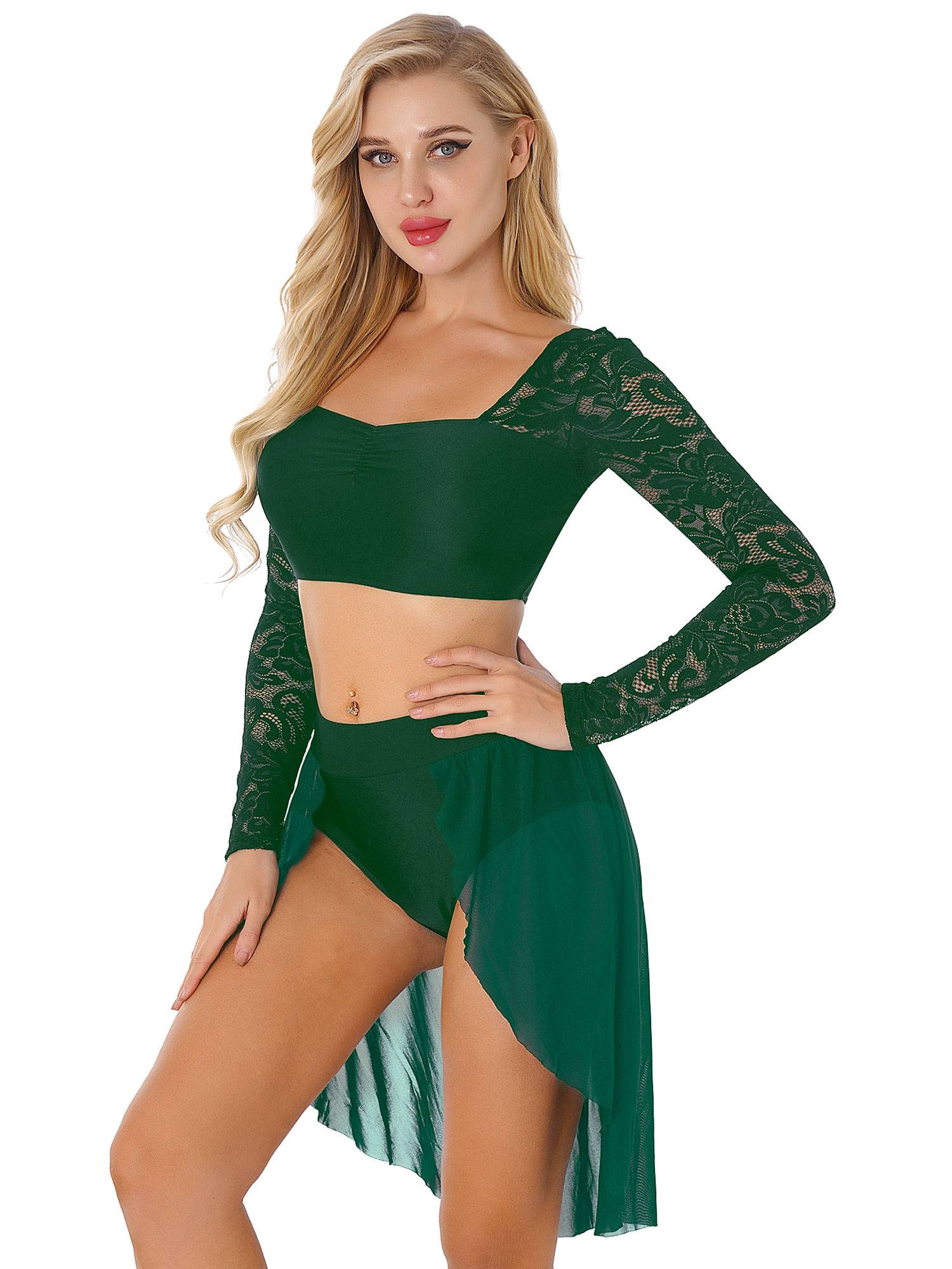 Women 2pcs Long Sleeve Crop Top and Skirted Brief Lyrical Dance Set