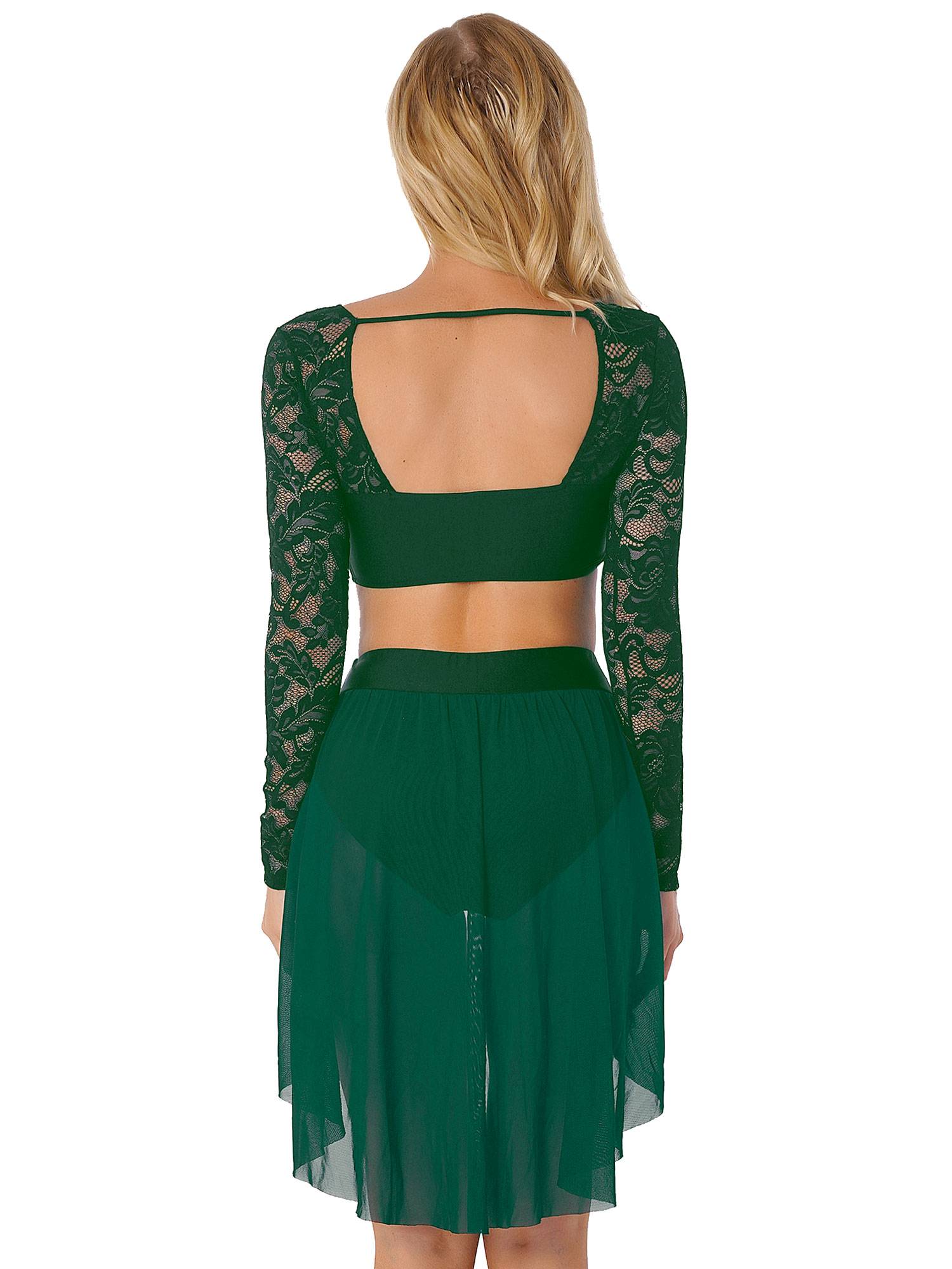 Women 2pcs Long Sleeve Crop Top and Skirted Brief Lyrical Dance Set