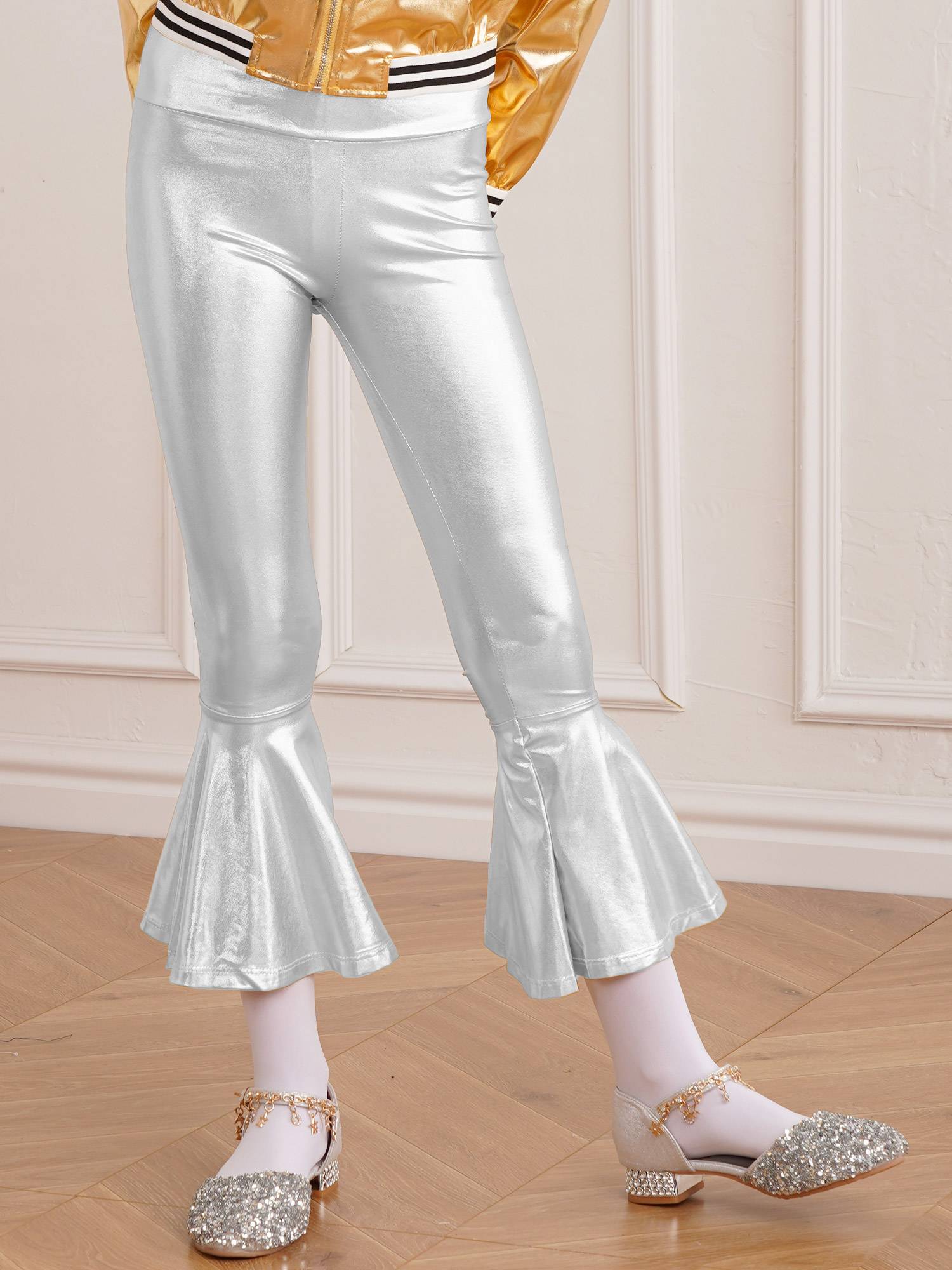 Kids Girls High Waist Glossy Bell-bottom Dance Pants
