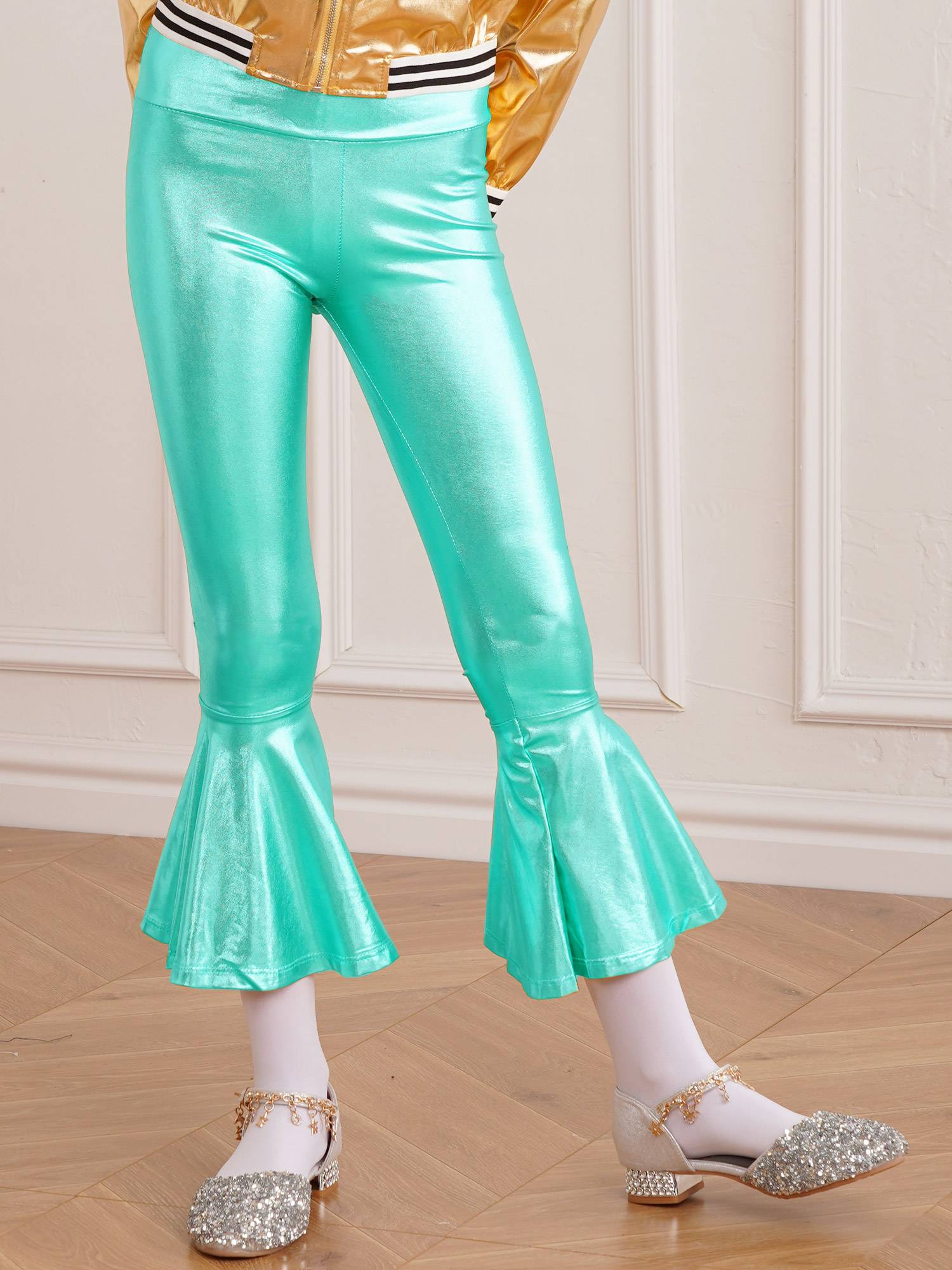 Kids Girls High Waist Glossy Bell-bottom Dance Pants