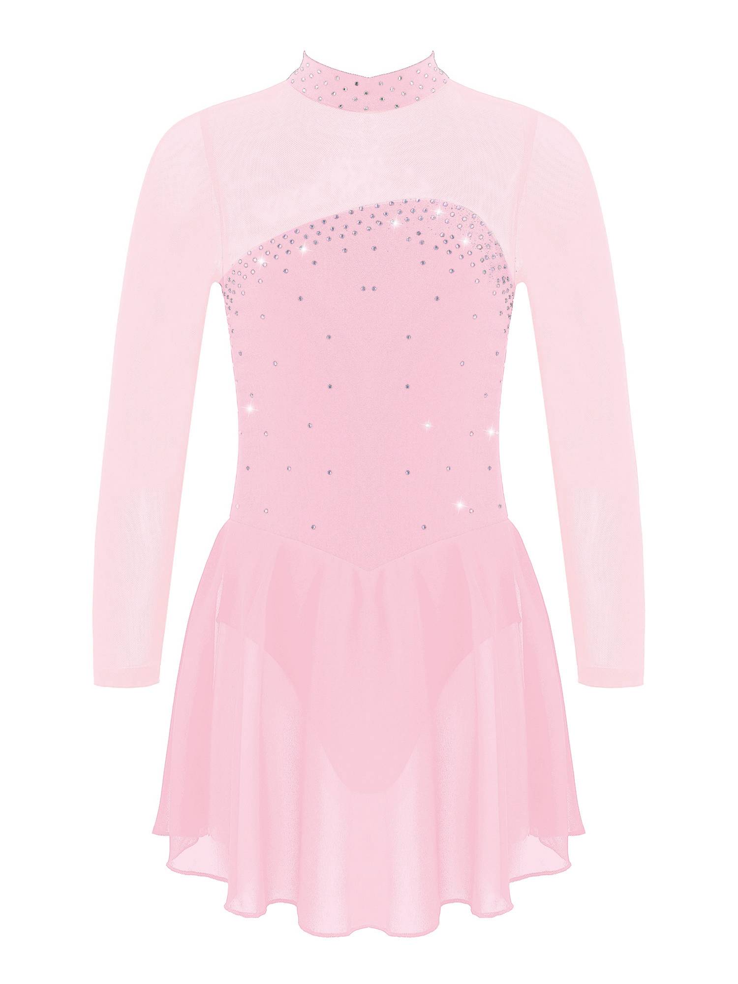 Kids Girls Mesh Long Sleeves Figure Ice Skating Leotard Dress