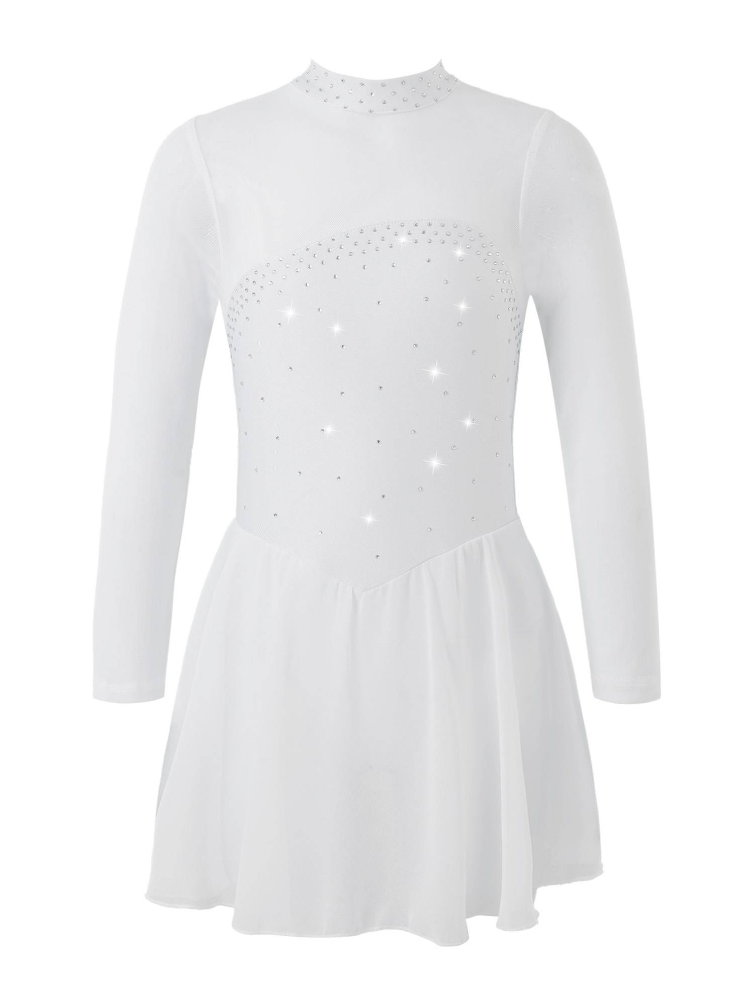 Kids Girls Mesh Long Sleeves Figure Ice Skating Leotard Dress