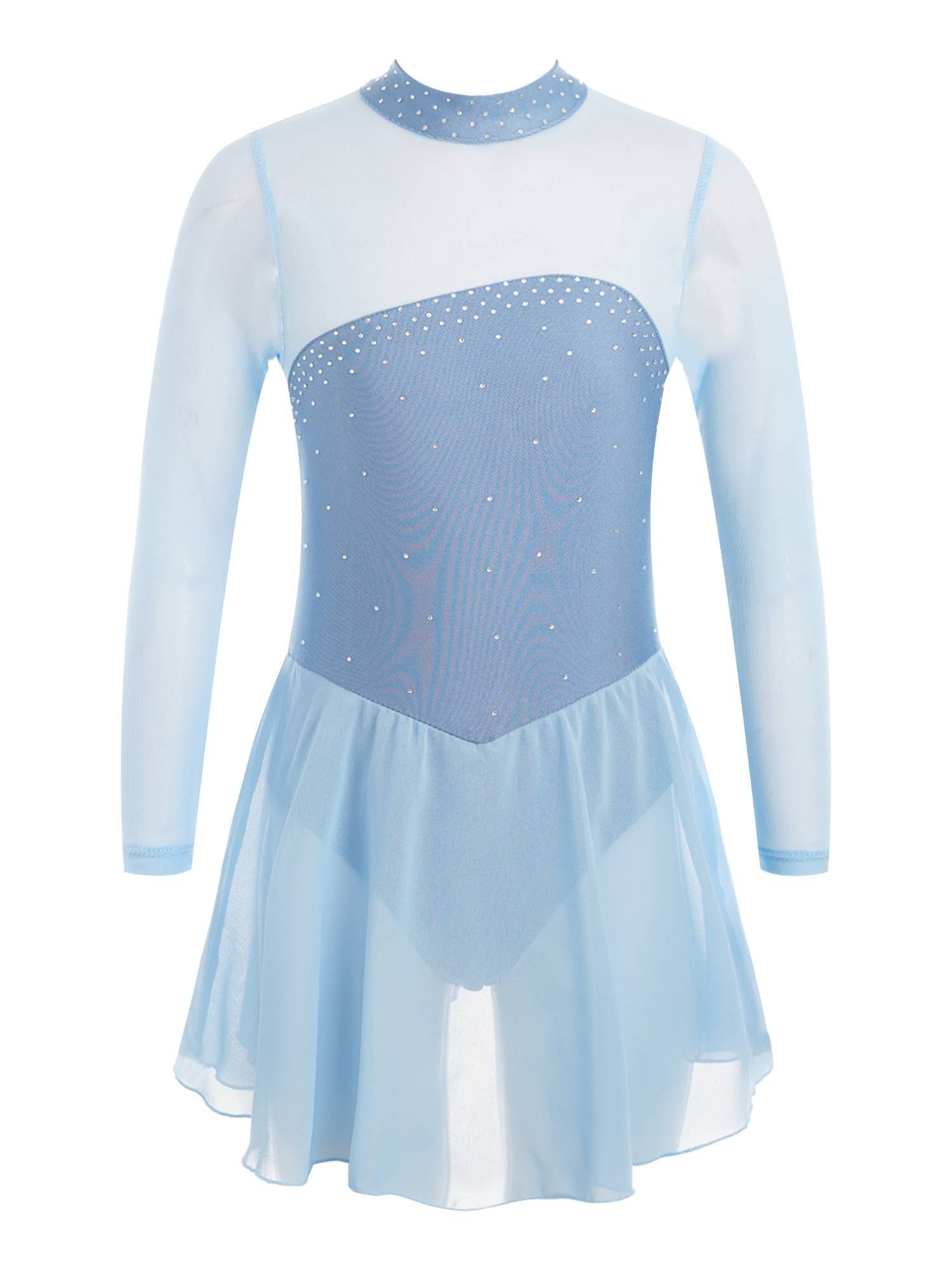 Kids Girls Mesh Long Sleeves Figure Ice Skating Leotard Dress
