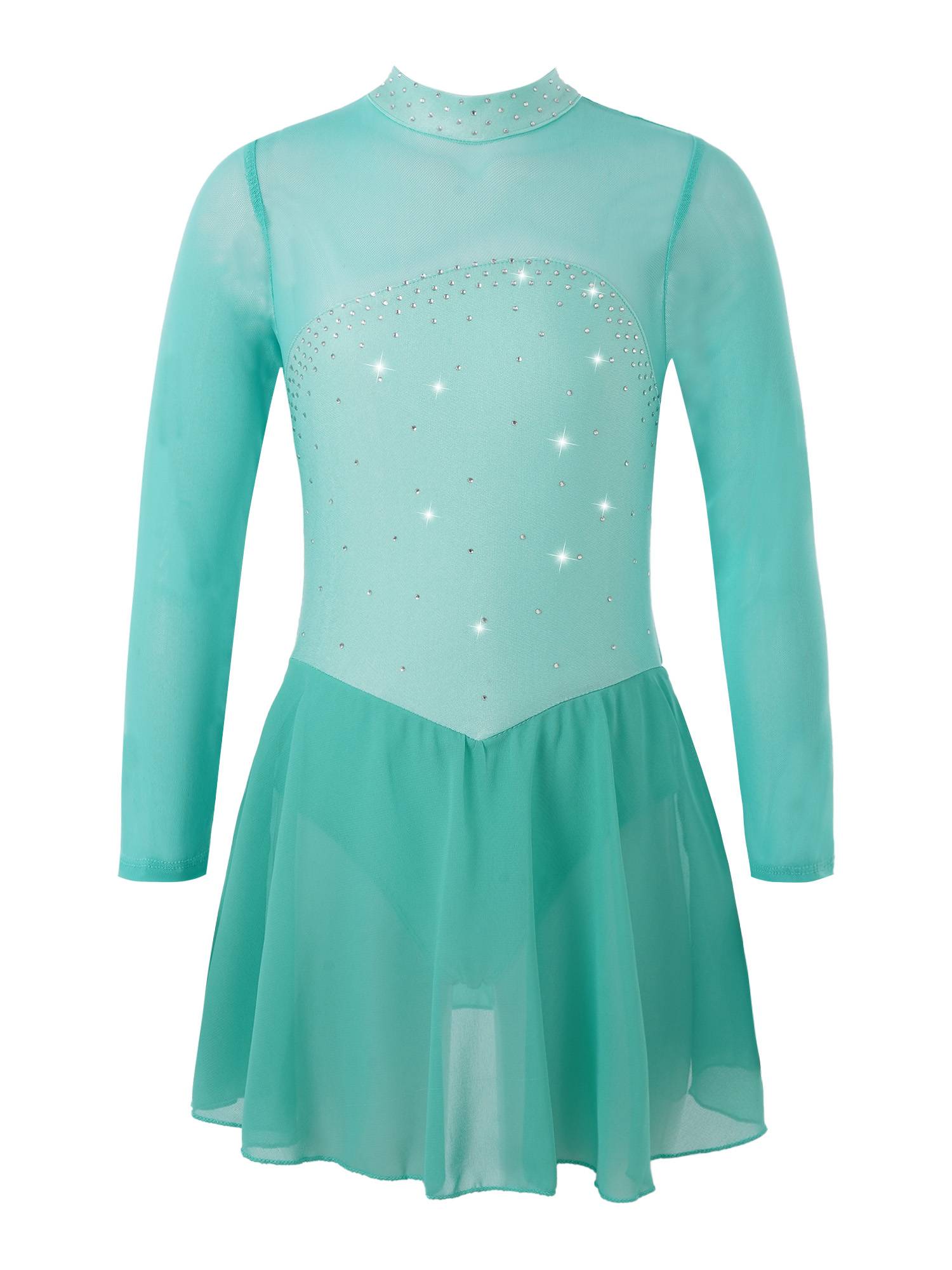 Kids Girls Mesh Long Sleeves Figure Ice Skating Leotard Dress