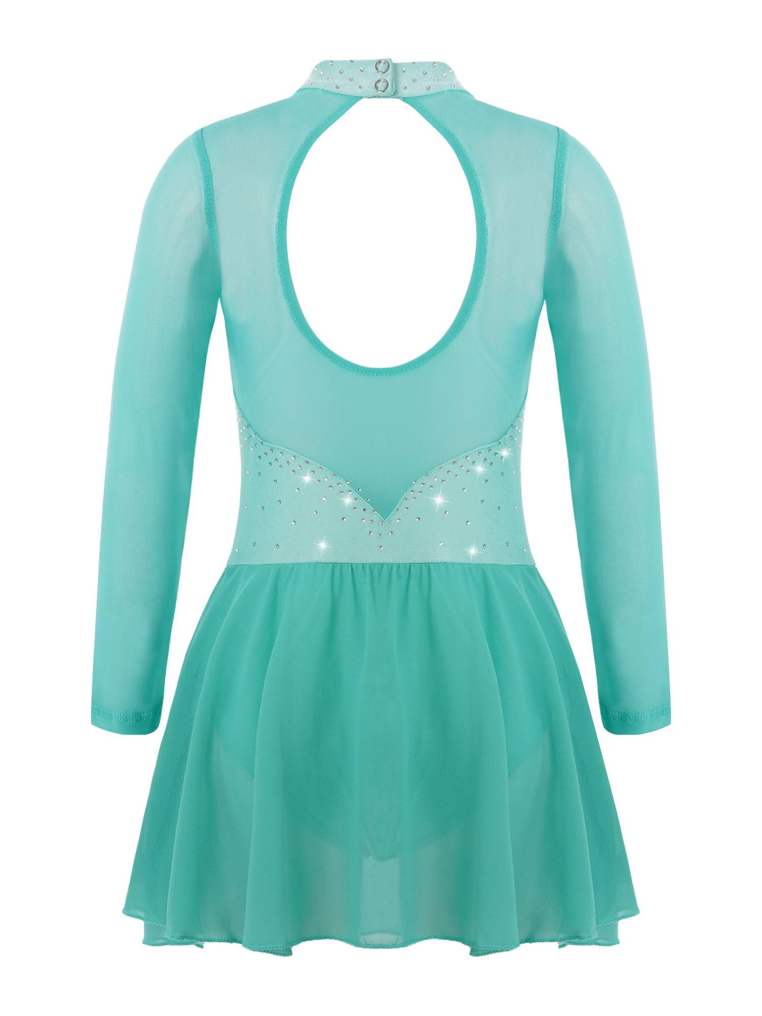 Kids Girls Mesh Long Sleeves Figure Ice Skating Leotard Dress