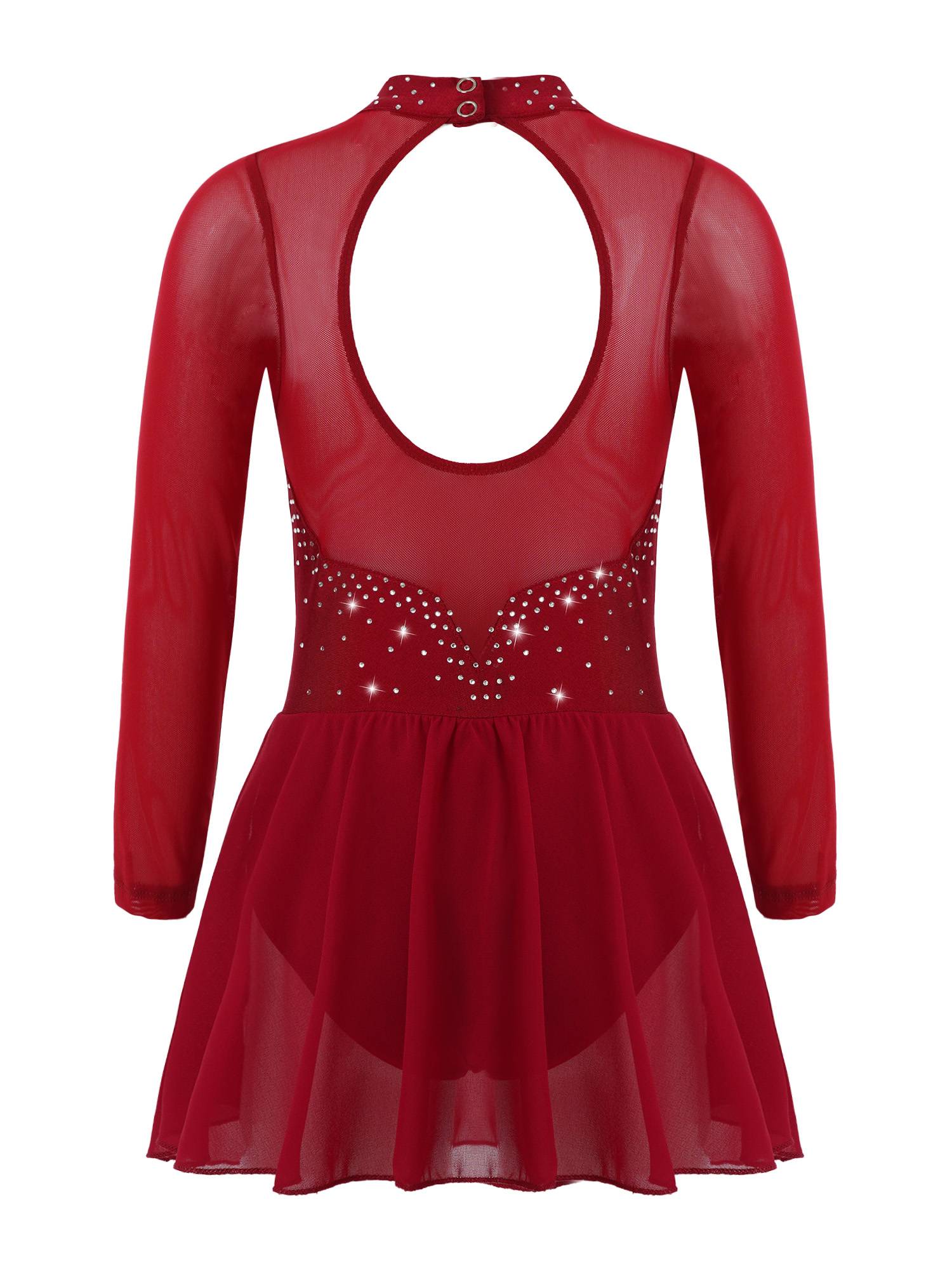 Kids Girls Mesh Long Sleeves Figure Ice Skating Leotard Dress