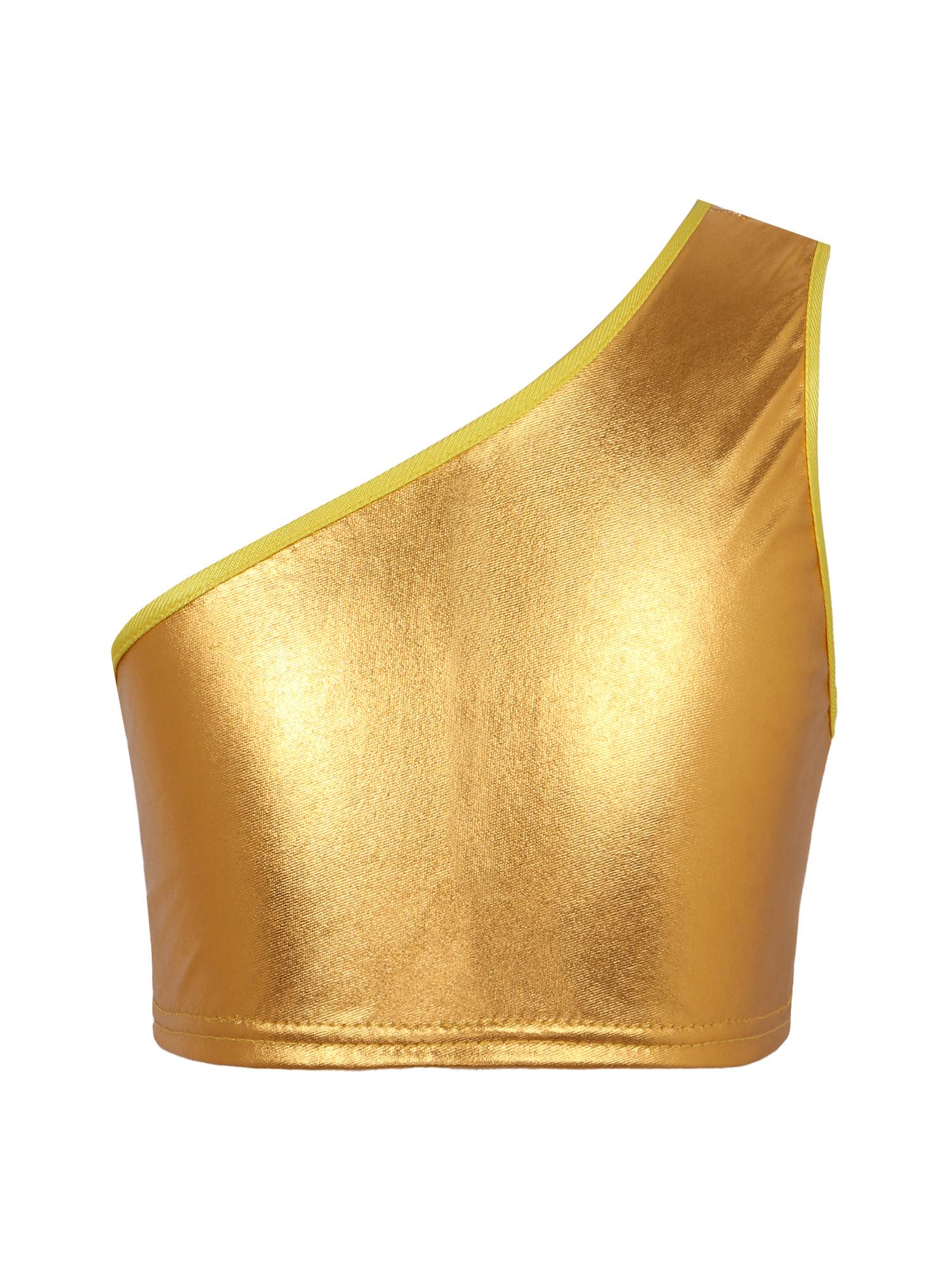 Kids Girls One Shoulder Shiny Metallic Jazz Dance Crop Top