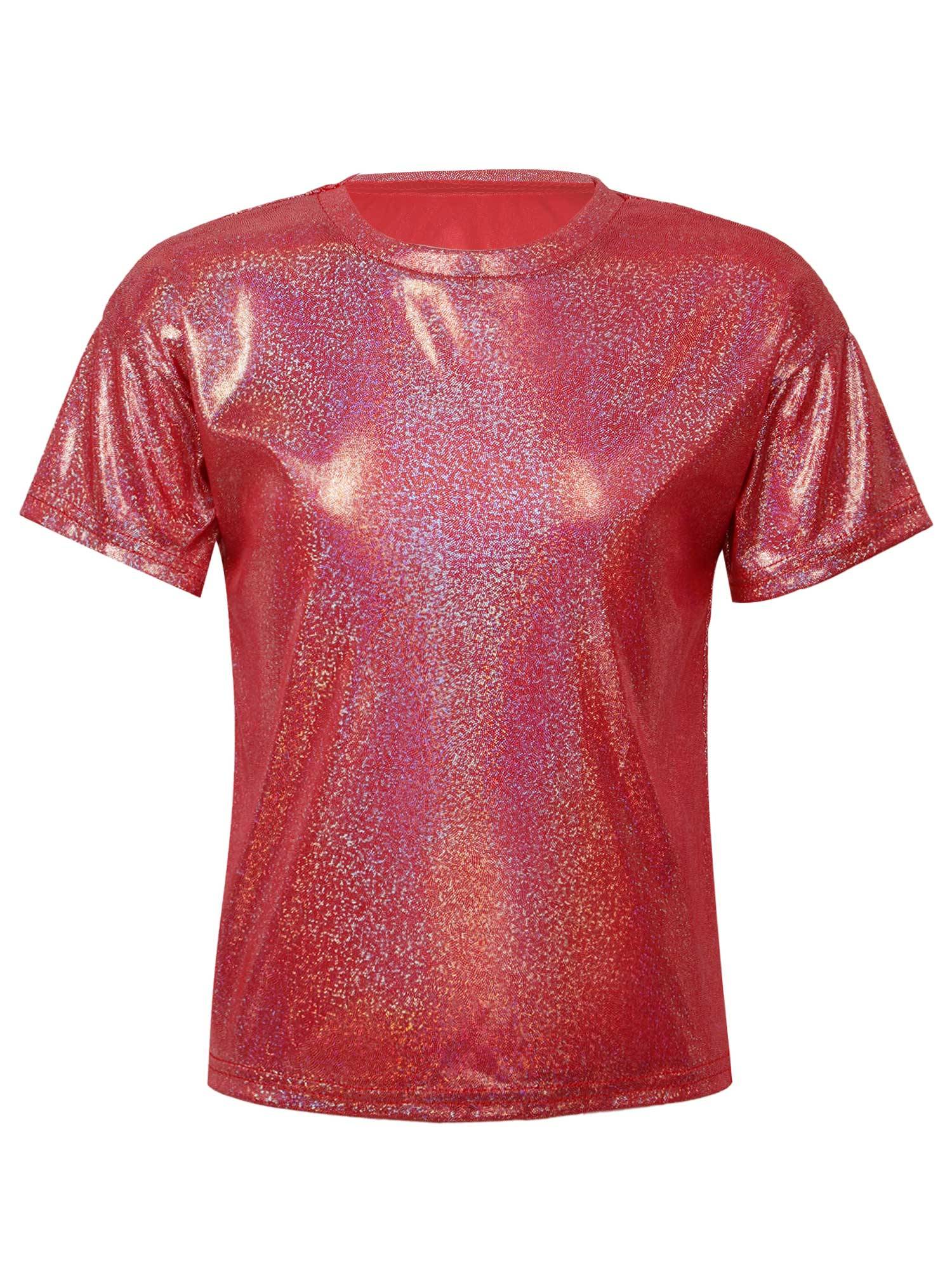 Kids Girls and Boys Short Sleeve Metallic Shiny Jazz Dance T-shirt