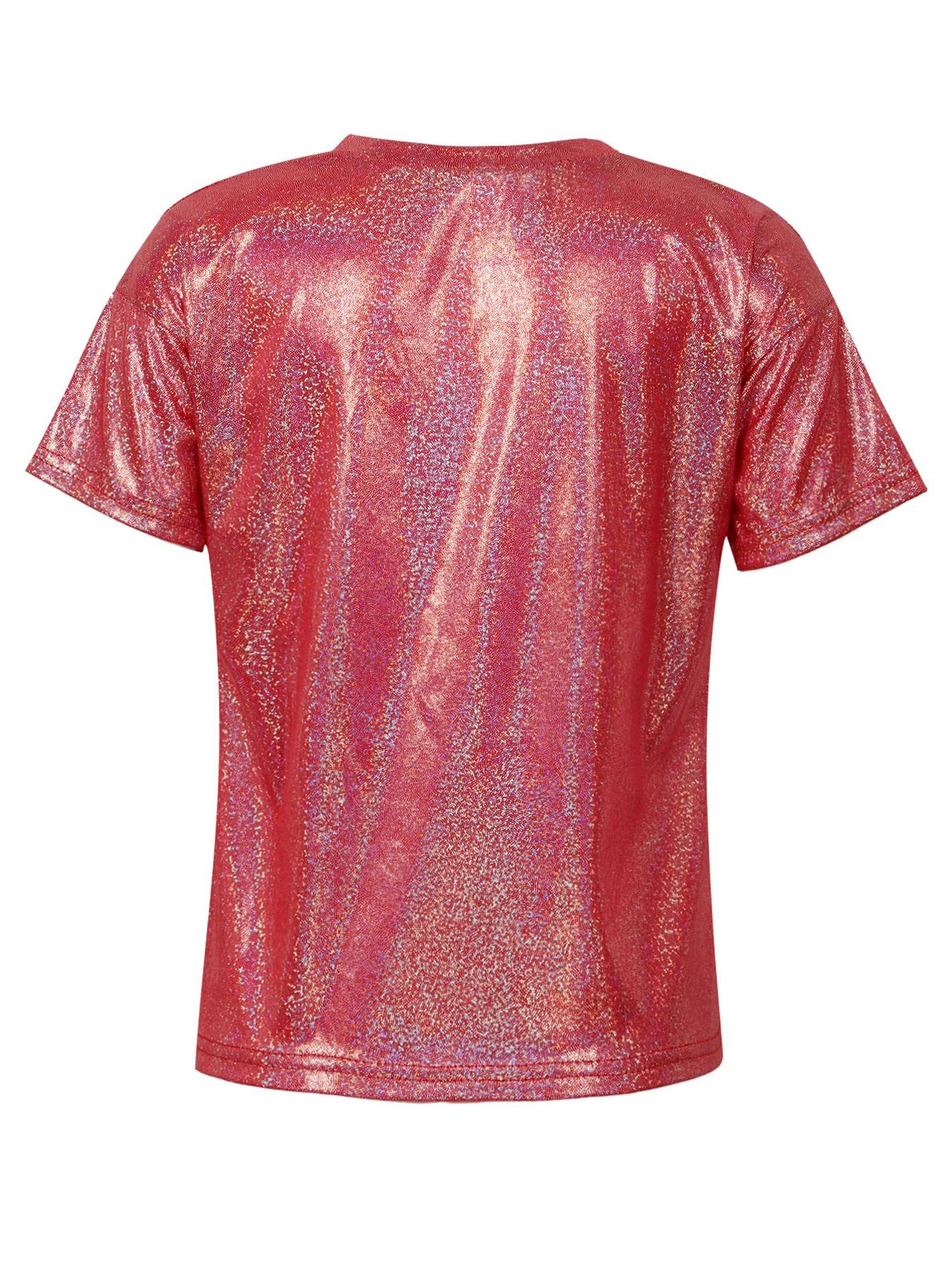 Kids Girls and Boys Short Sleeve Metallic Shiny Jazz Dance T-shirt