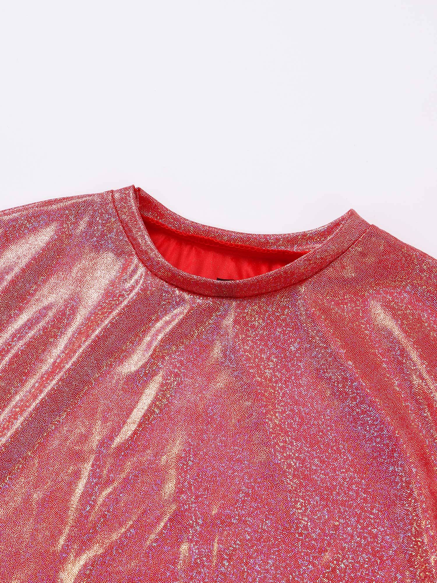 Kids Girls and Boys Short Sleeve Metallic Shiny Jazz Dance T-shirt