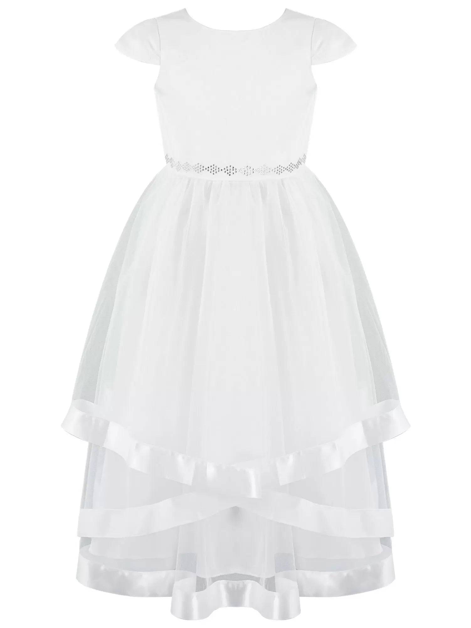 Kids Girls Tulle Tiered Cap Sleeve V-Shaped Back Party Dress