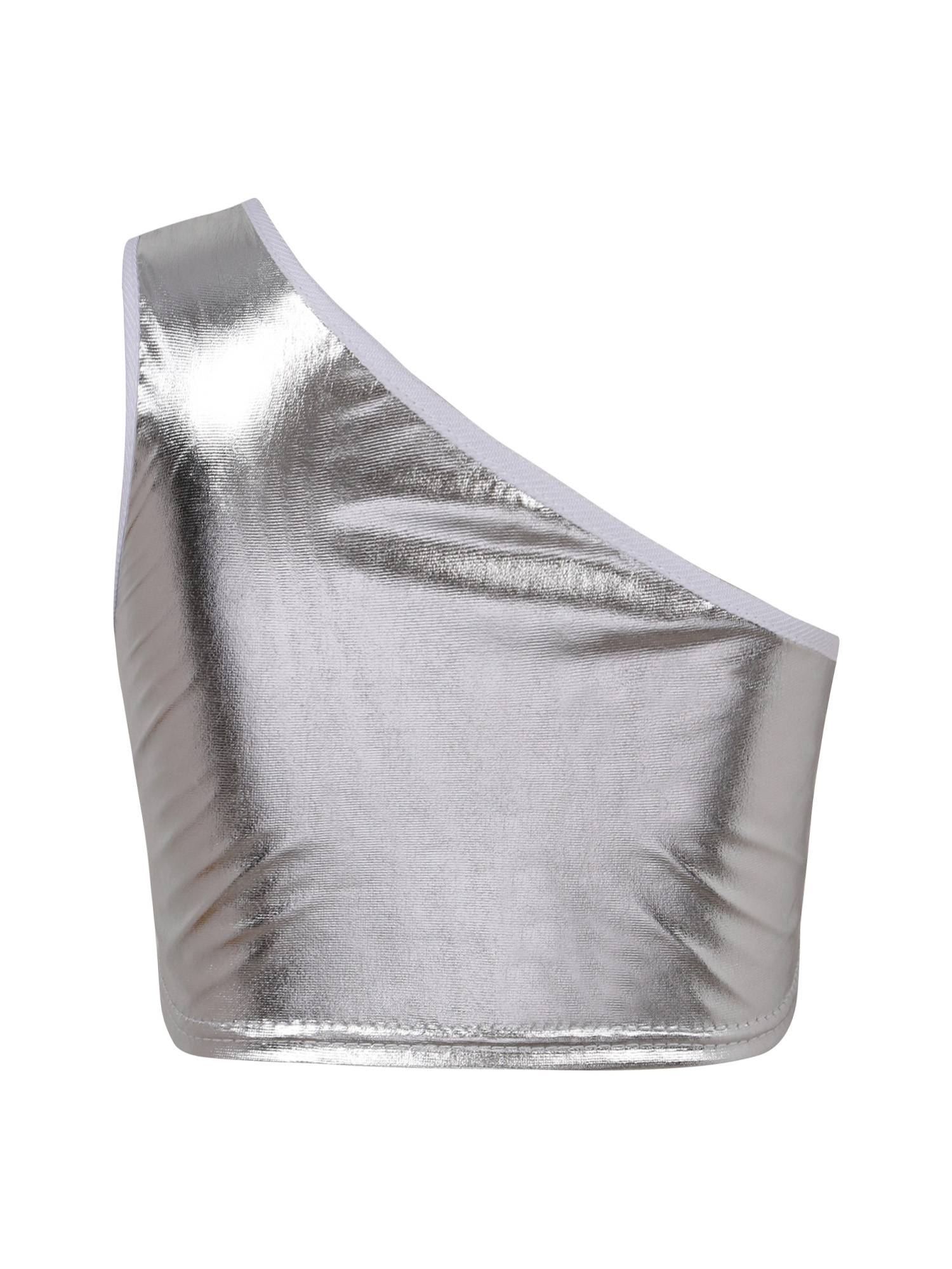 Kids Girls One Shoulder Shiny Metallic Jazz Dance Crop Top