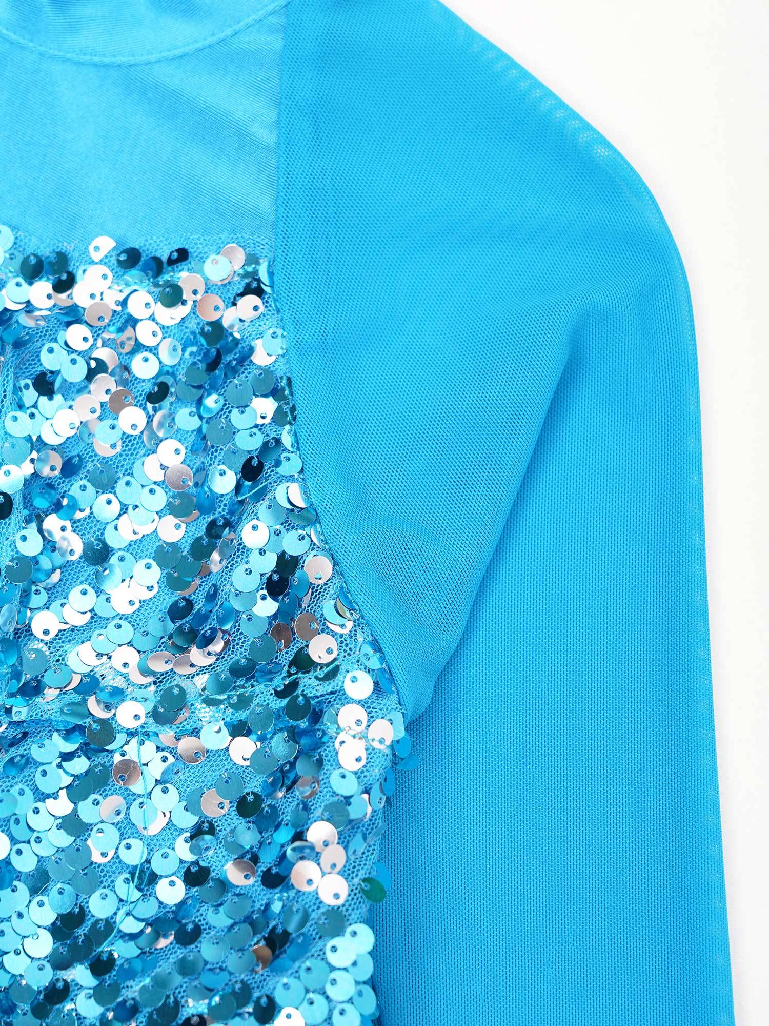 Kids Girls Long Sleeve Ruffle Sequin Backless Jazz Dance Leotard