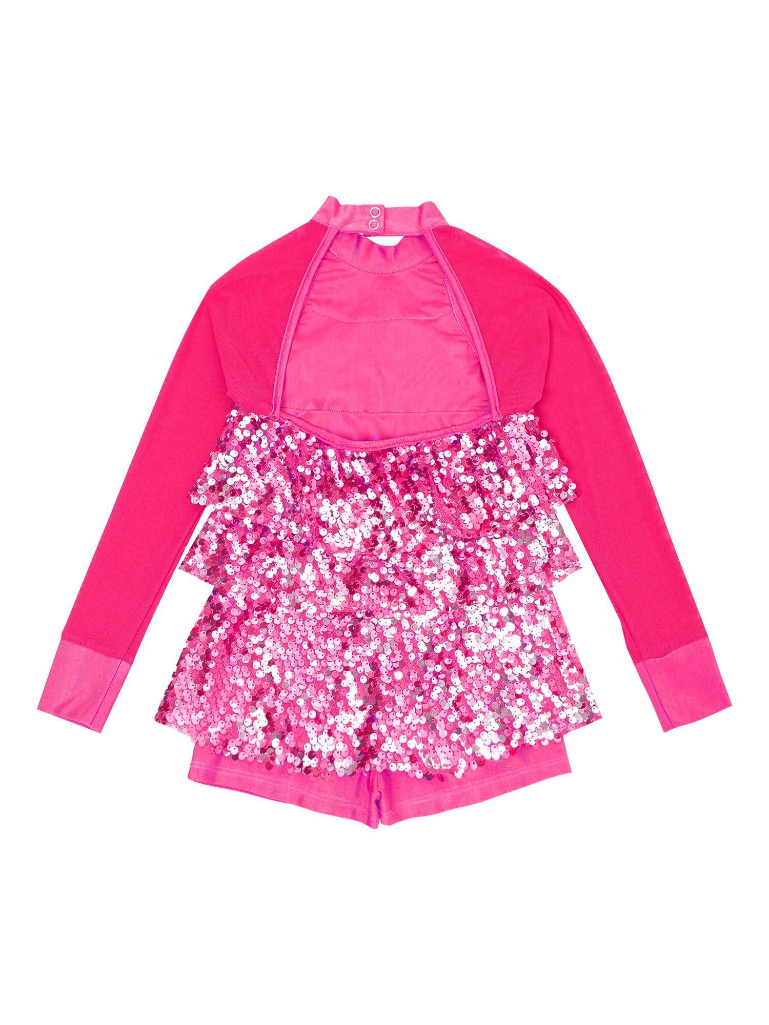 Kids Girls Long Sleeve Ruffle Sequin Backless Jazz Dance Leotard