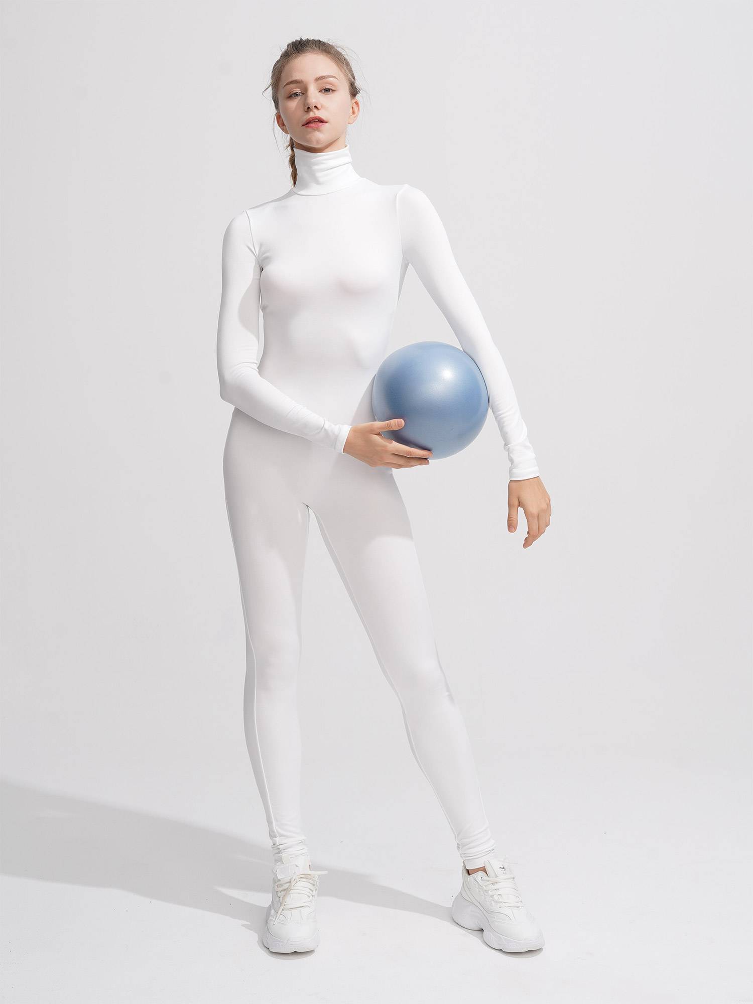 Women Solid Color High Collar Long Sleeves Unitard for Yoga