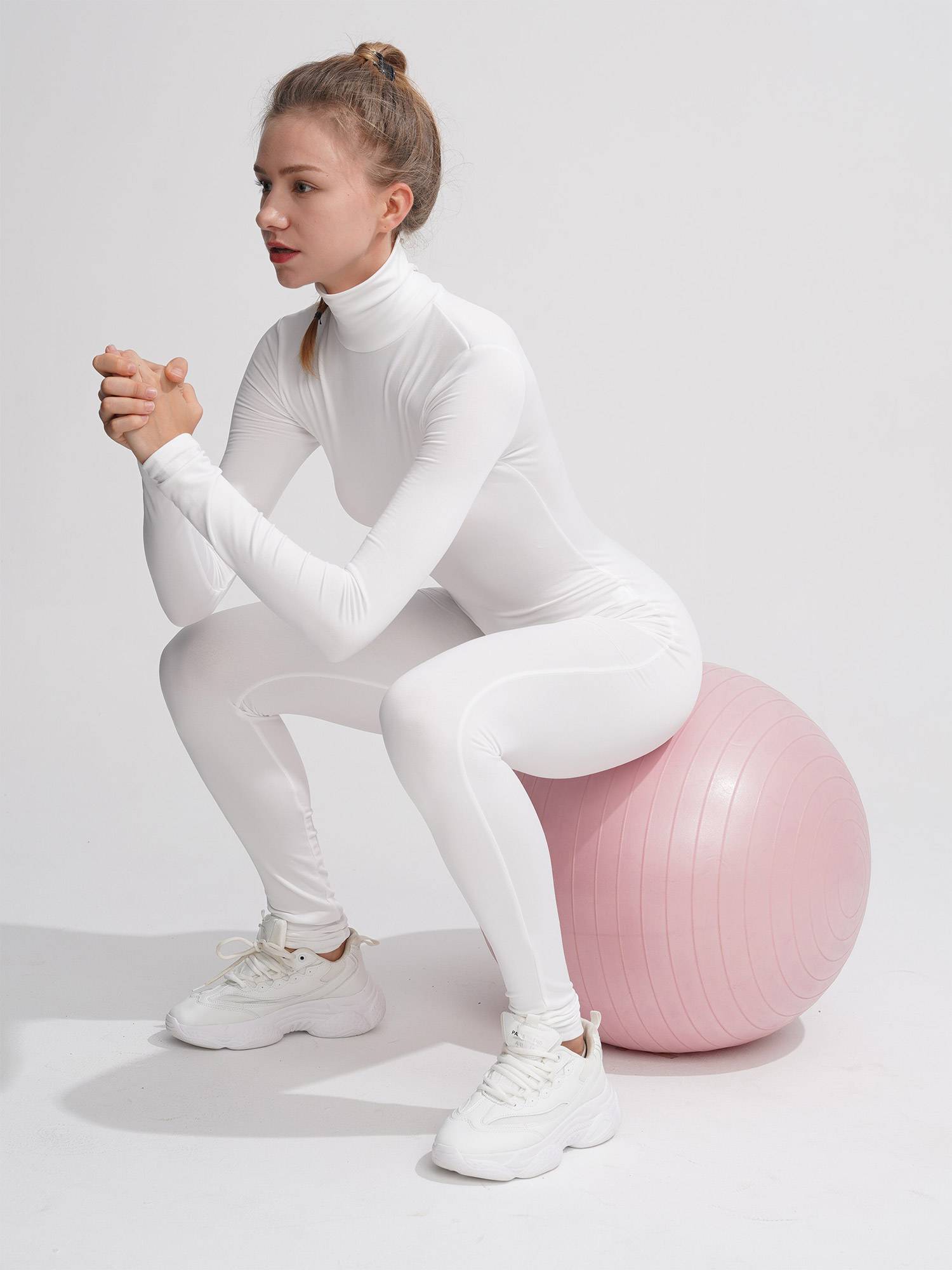 Women Solid Color High Collar Long Sleeves Unitard for Yoga