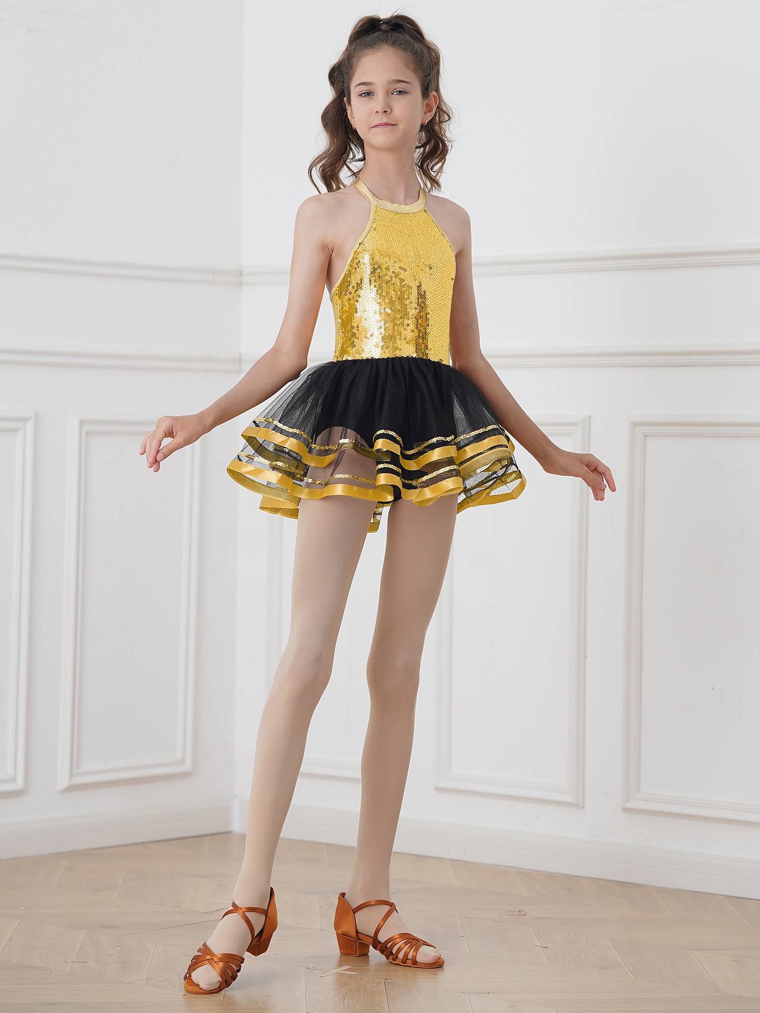 Kids Girls Sleeveless Sequin Hollow Back Tutu Jazz Dance Dress