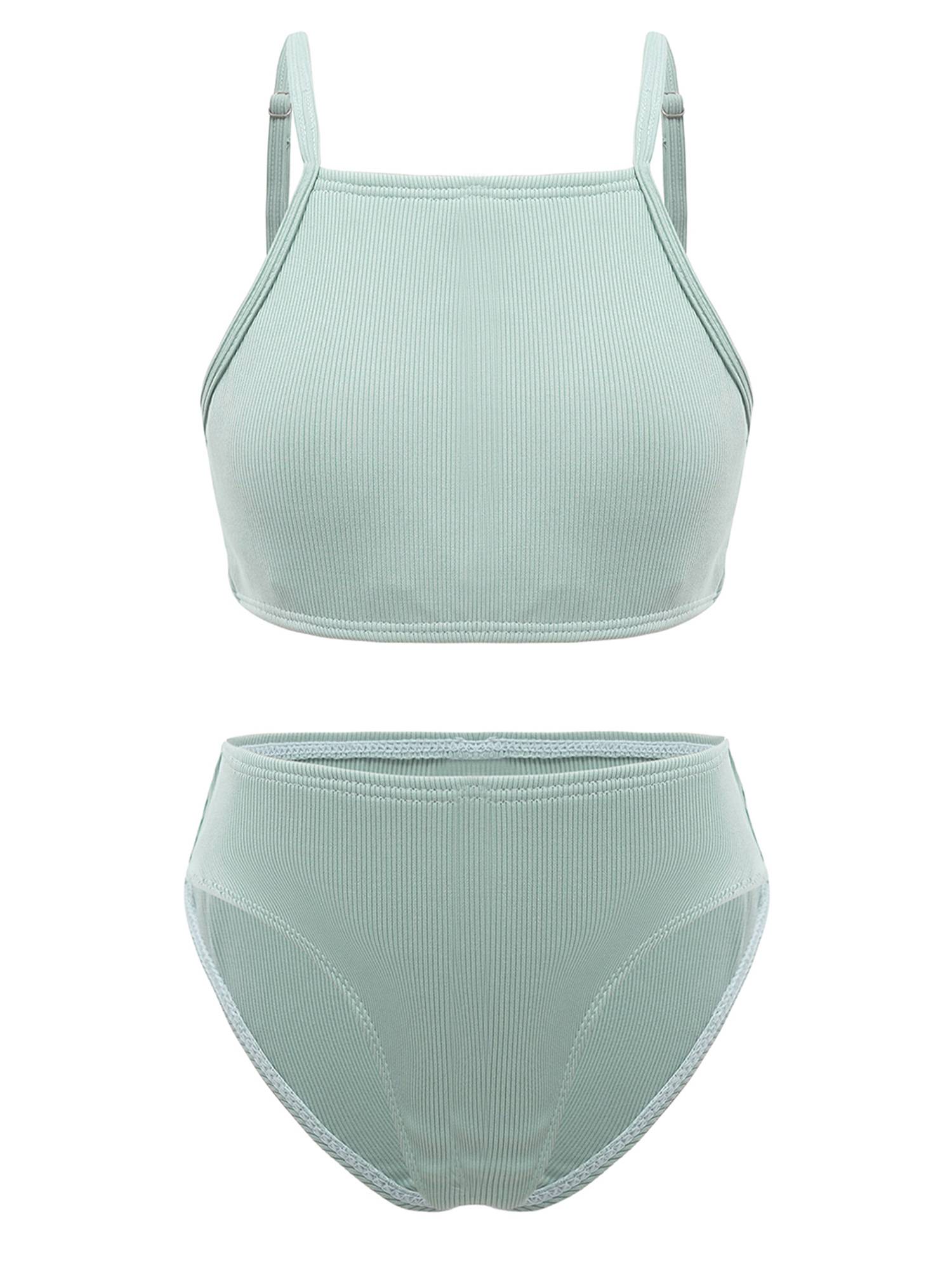 Kids Girls 2pcs Solid Removable Pads Tops and Briefs Bikini Set