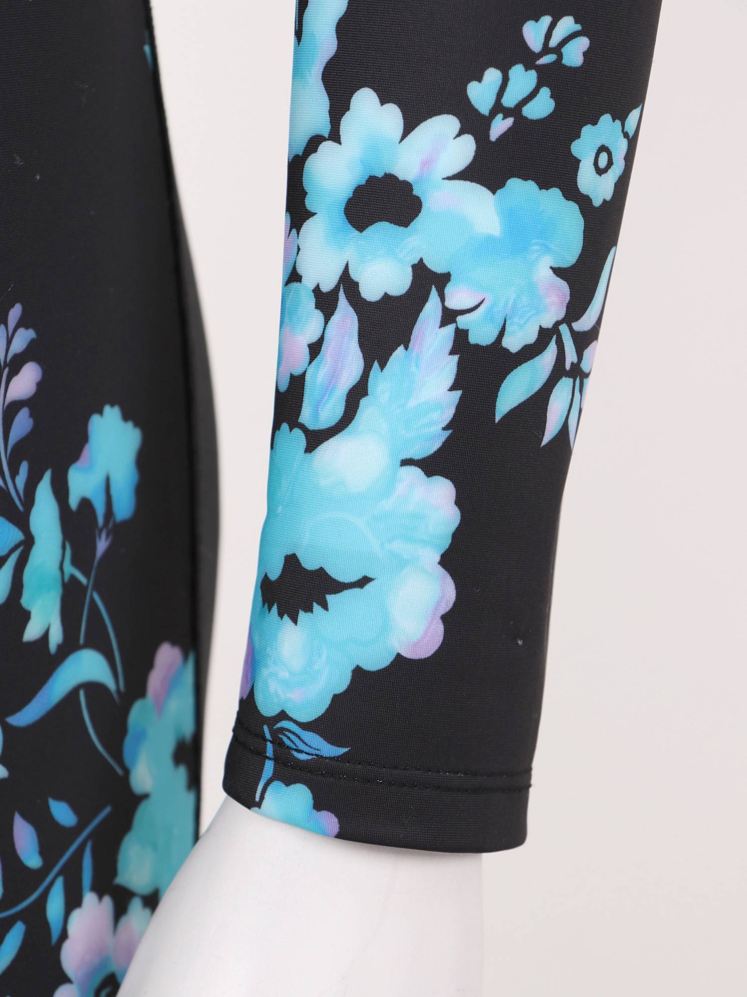 Women Floral Geometric Pattern One-piece Rash Guard Swimsuit