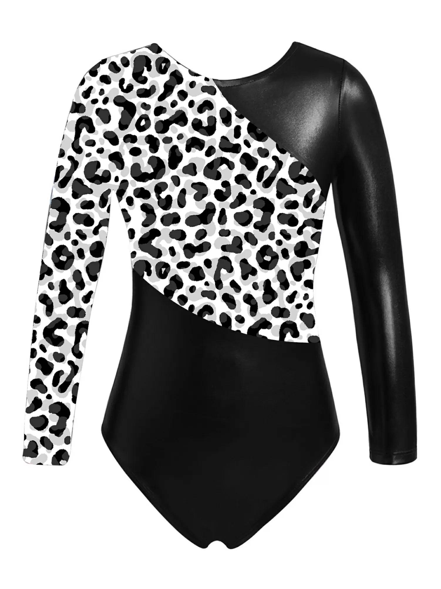 Kids Girls Long Sleeves Leopard Print Gymnastics Leotard