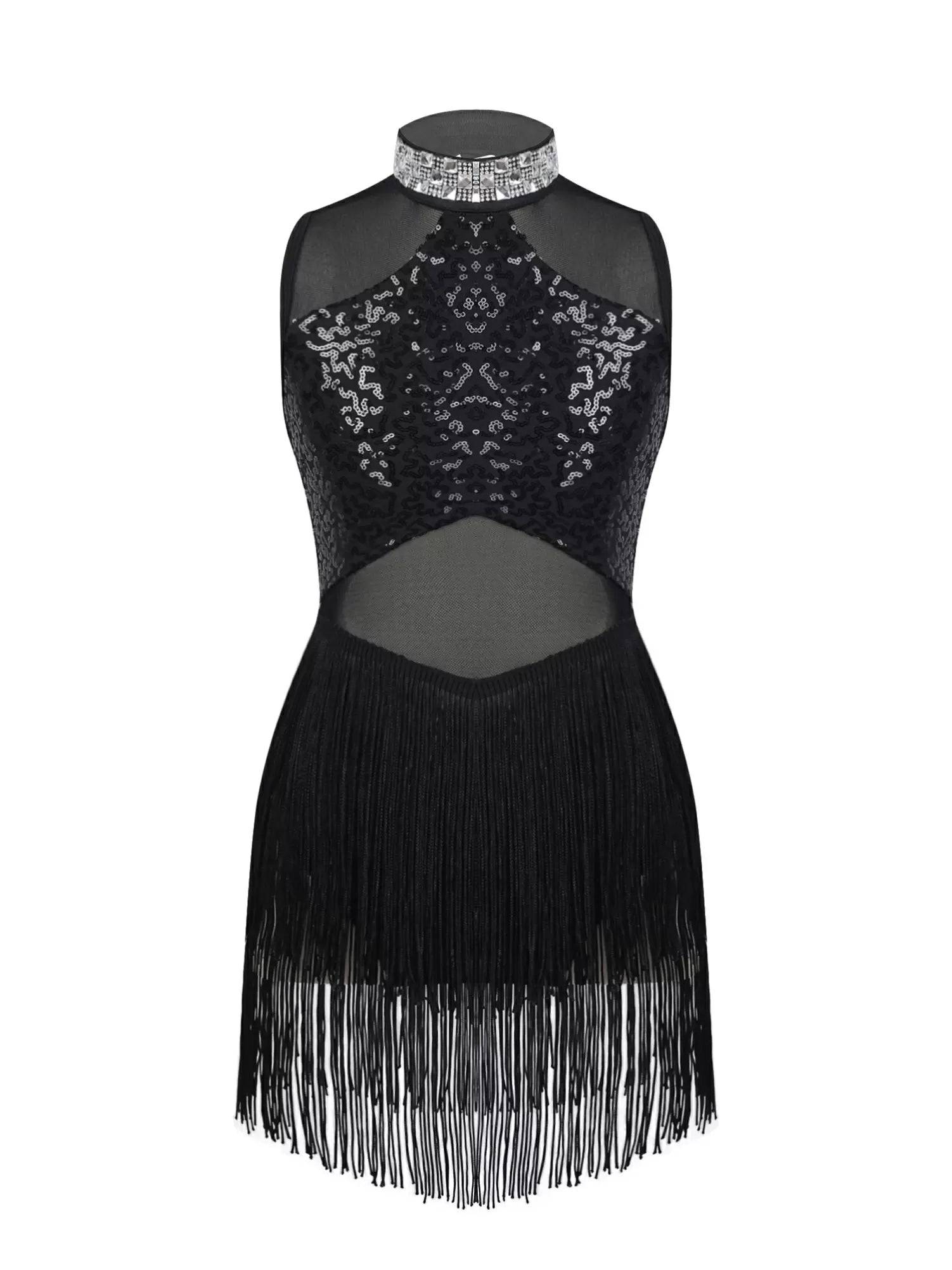 Kids Girls Sequins Mesh Tassel Latin Jazz Dance Leotards