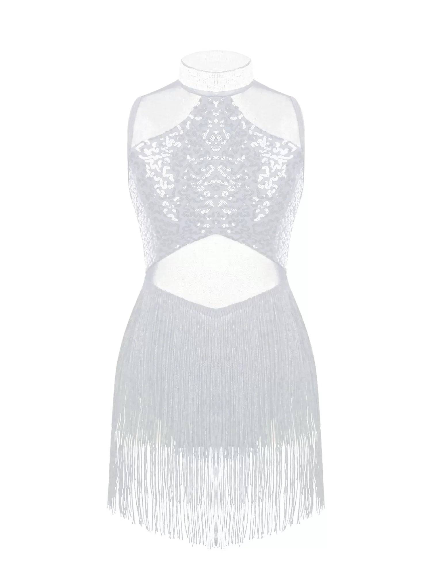 Kids Girls Sequins Mesh Tassel Latin Jazz Dance Leotards