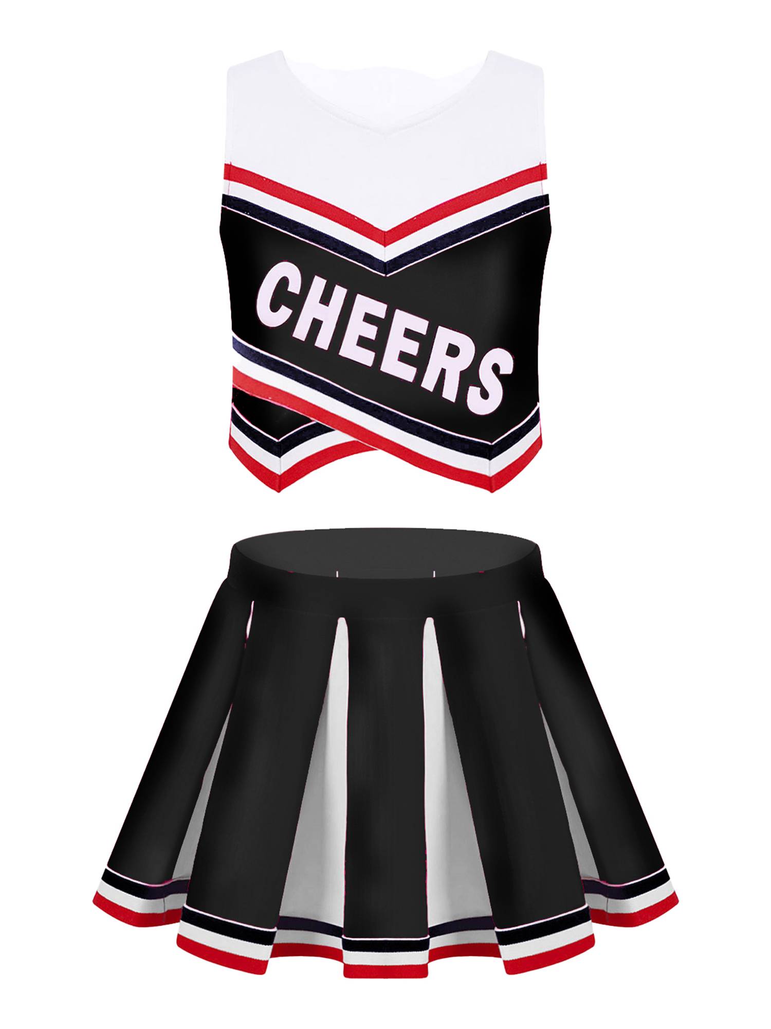 Kids Girls 2pcs V Neck Cheers Print Vest and Pleated Skirt Cheerleading Set
