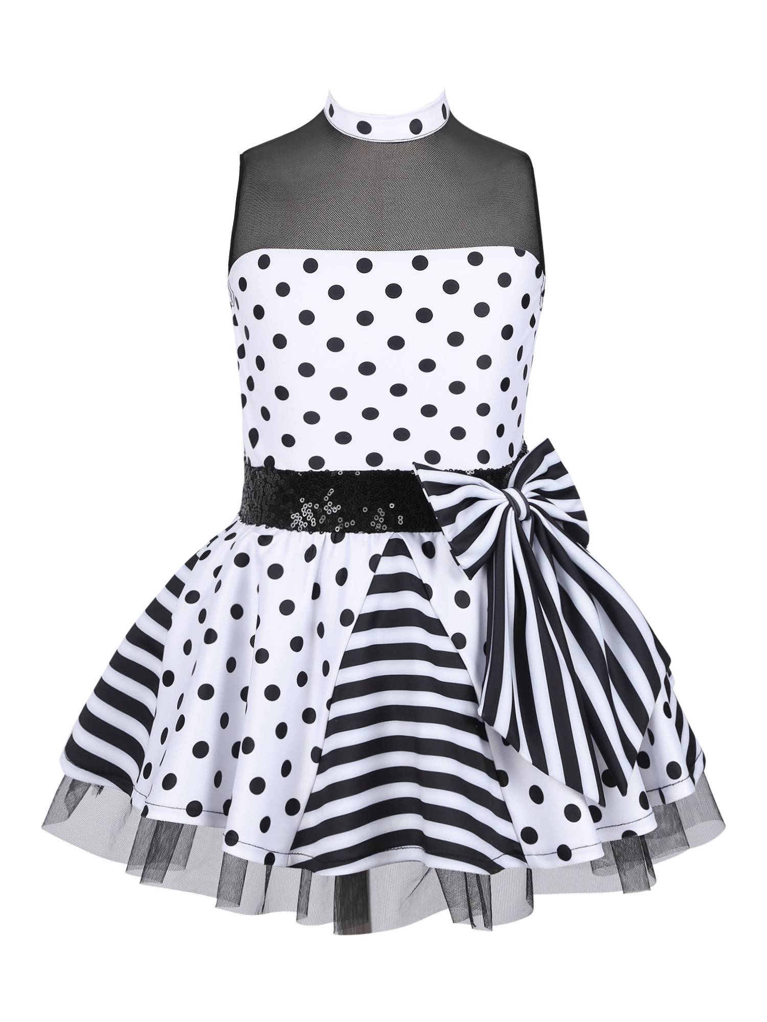 Kids Girls Sleeveless Polka Dots Sequins Bowknot Dance Tutu Dress