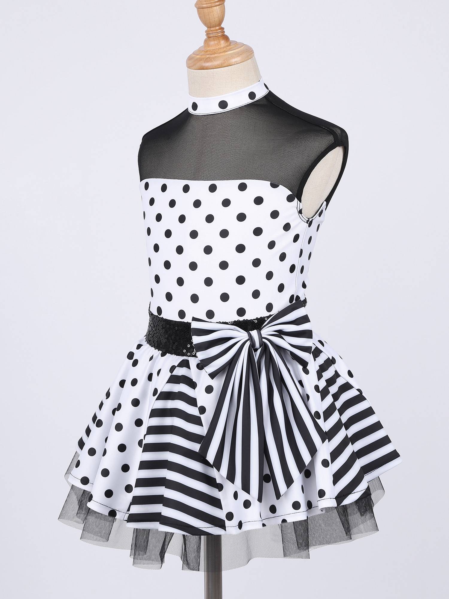 Kids Girls Sleeveless Polka Dots Sequins Bowknot Dance Tutu Dress