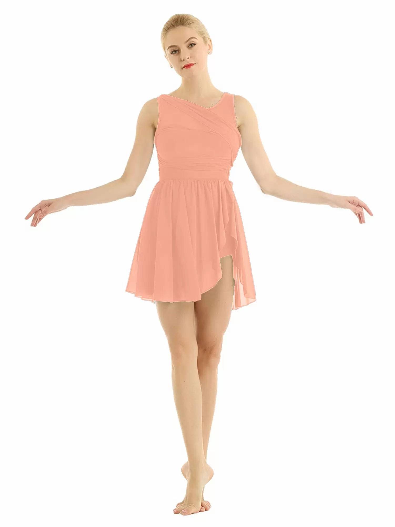 Women Sleeveless Asymmetric Chiffon Lyrical Dance Leotard Dress