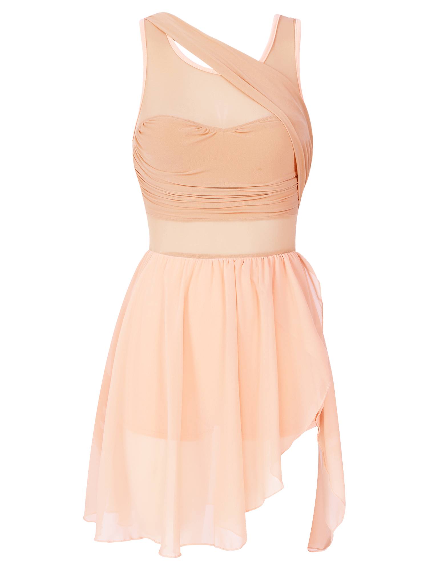 Women Sleeveless Asymmetric Chiffon Lyrical Dance Leotard Dress
