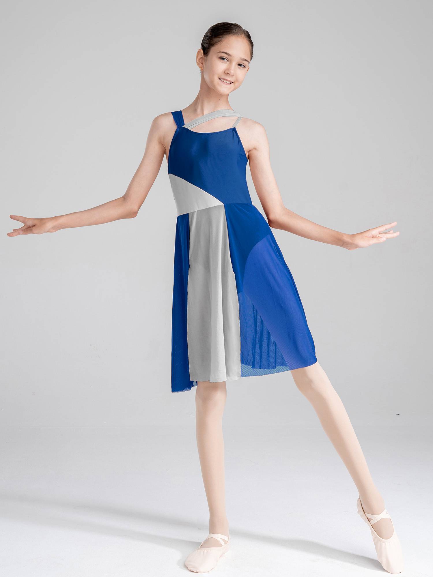 Kids Girls Sleeveless Color Block Lyrical Dance Leotard Dress