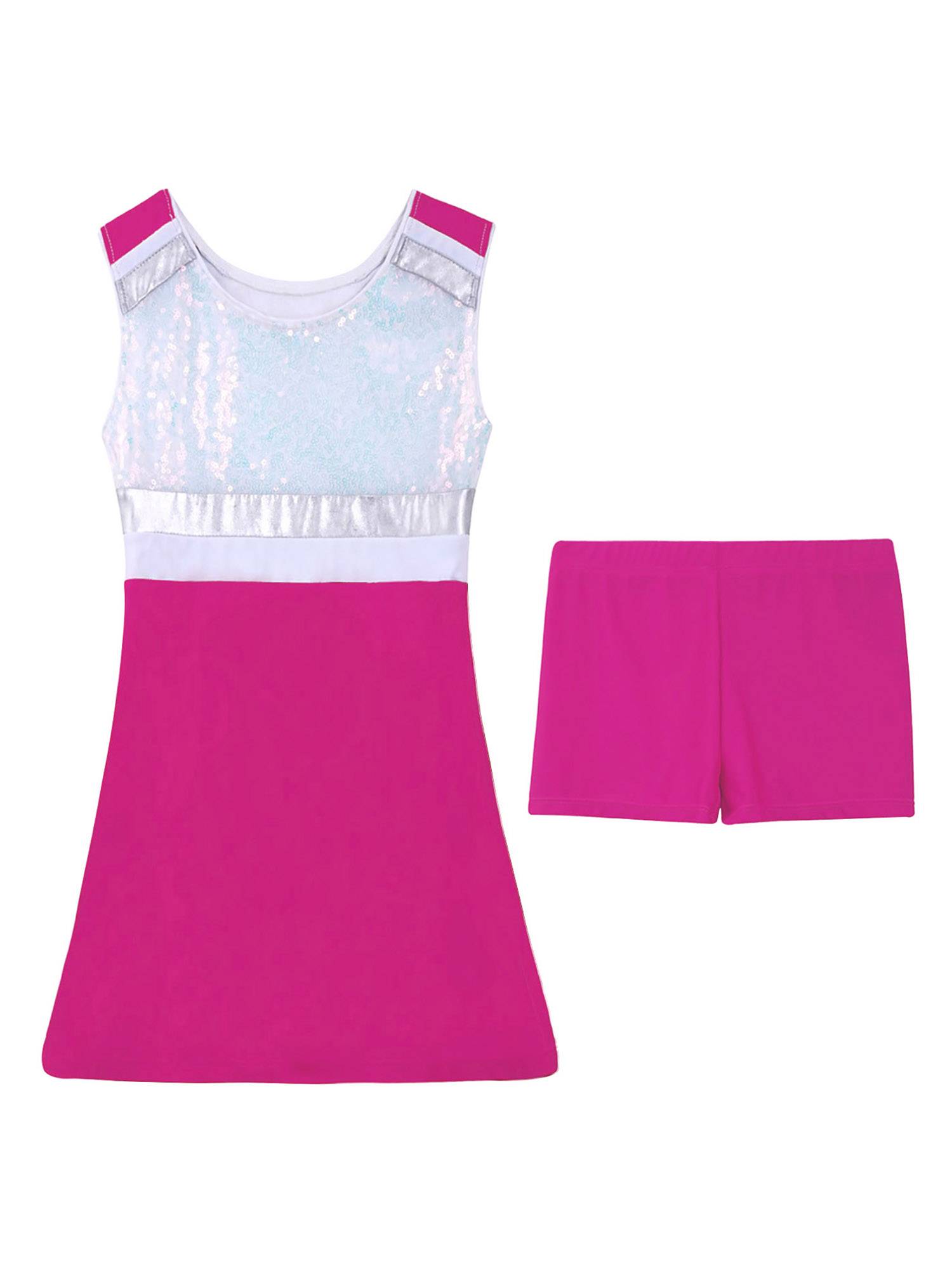 Kids Girls 2Pcs Sleeveless Sequins Sport Dress with Shorts Set