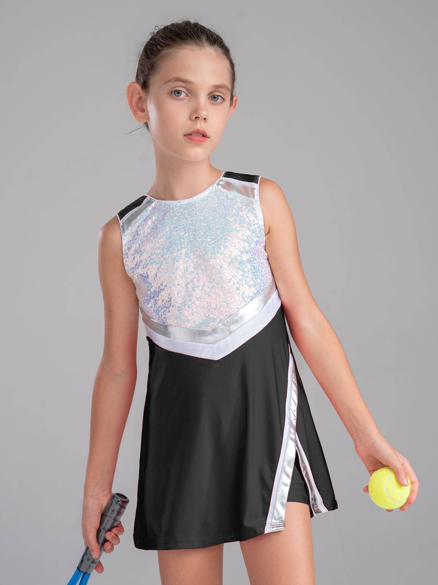 Kids Girls 2Pcs Sleeveless Sequins Sport Dress with Shorts Set