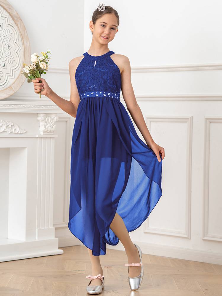 Kids Girls Glittering Beaded Chiffon Party Jumpsuit Dress