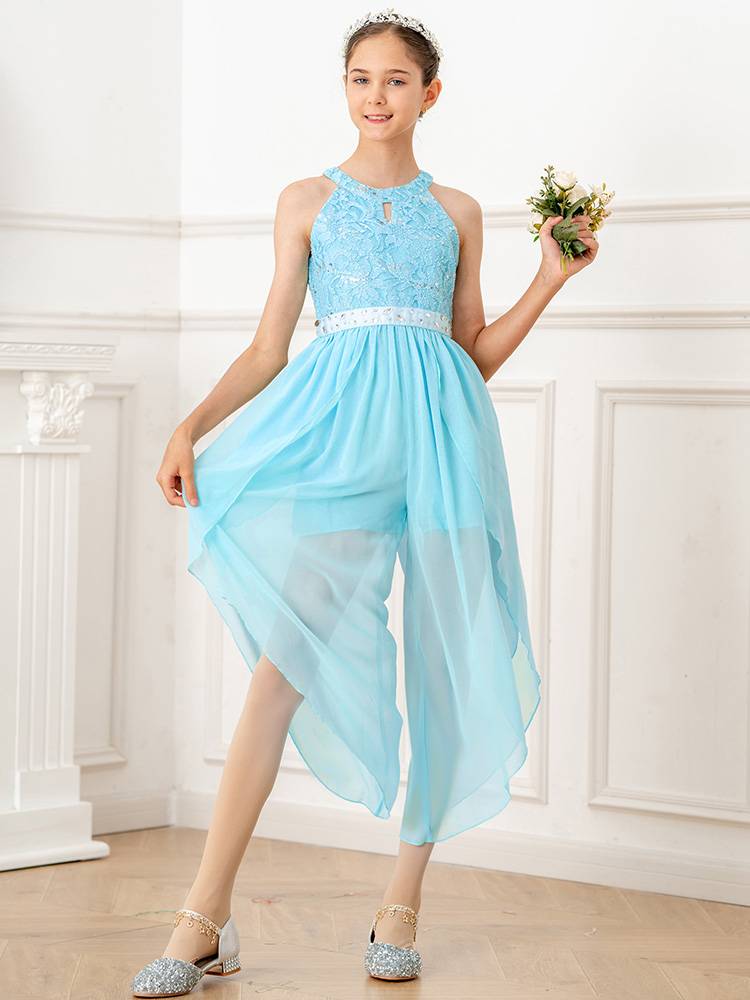 Kids Girls Glittering Beaded Chiffon Party Jumpsuit Dress