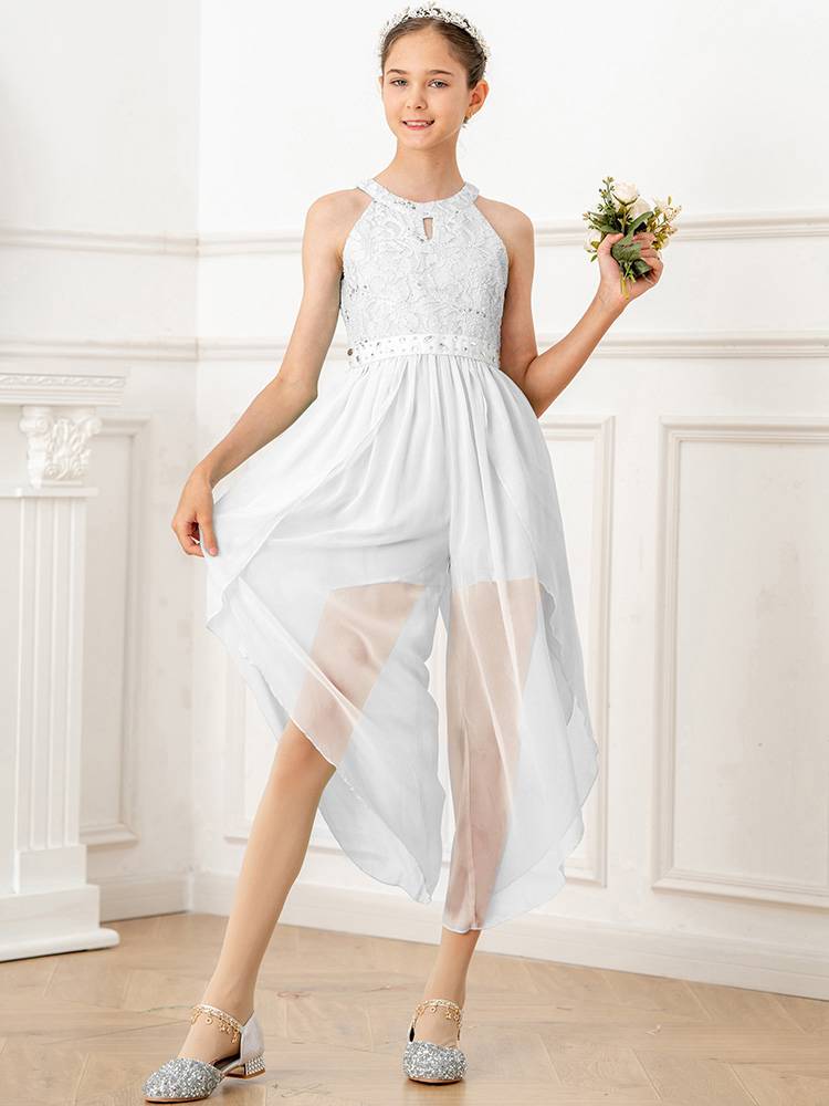 Kids Girls Glittering Beaded Chiffon Party Jumpsuit Dress