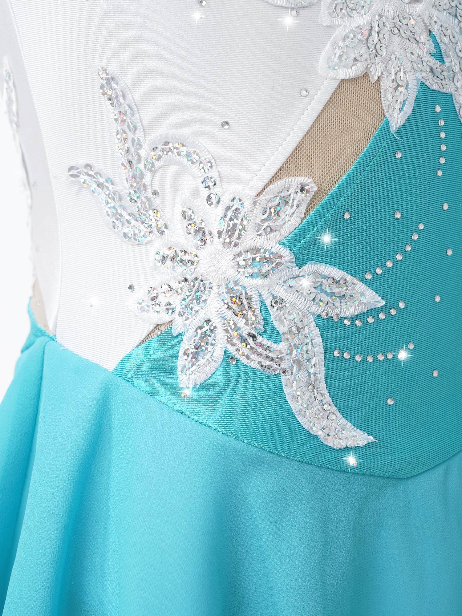 Kids Girls Sleeveless Sequin Floral Ruffle Skating Dance Dress