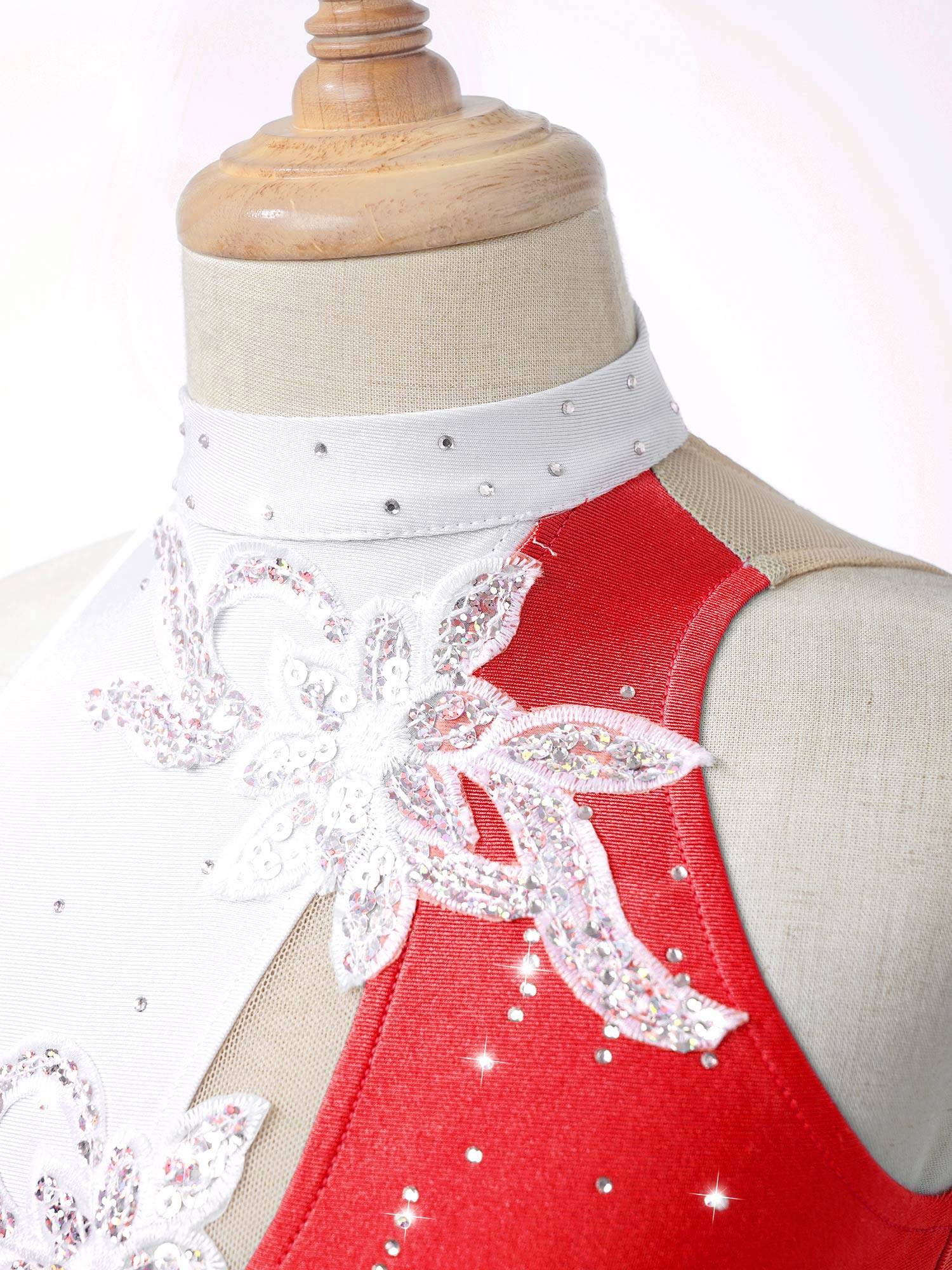 Kids Girls Sleeveless Sequin Floral Ruffle Skating Dance Dress