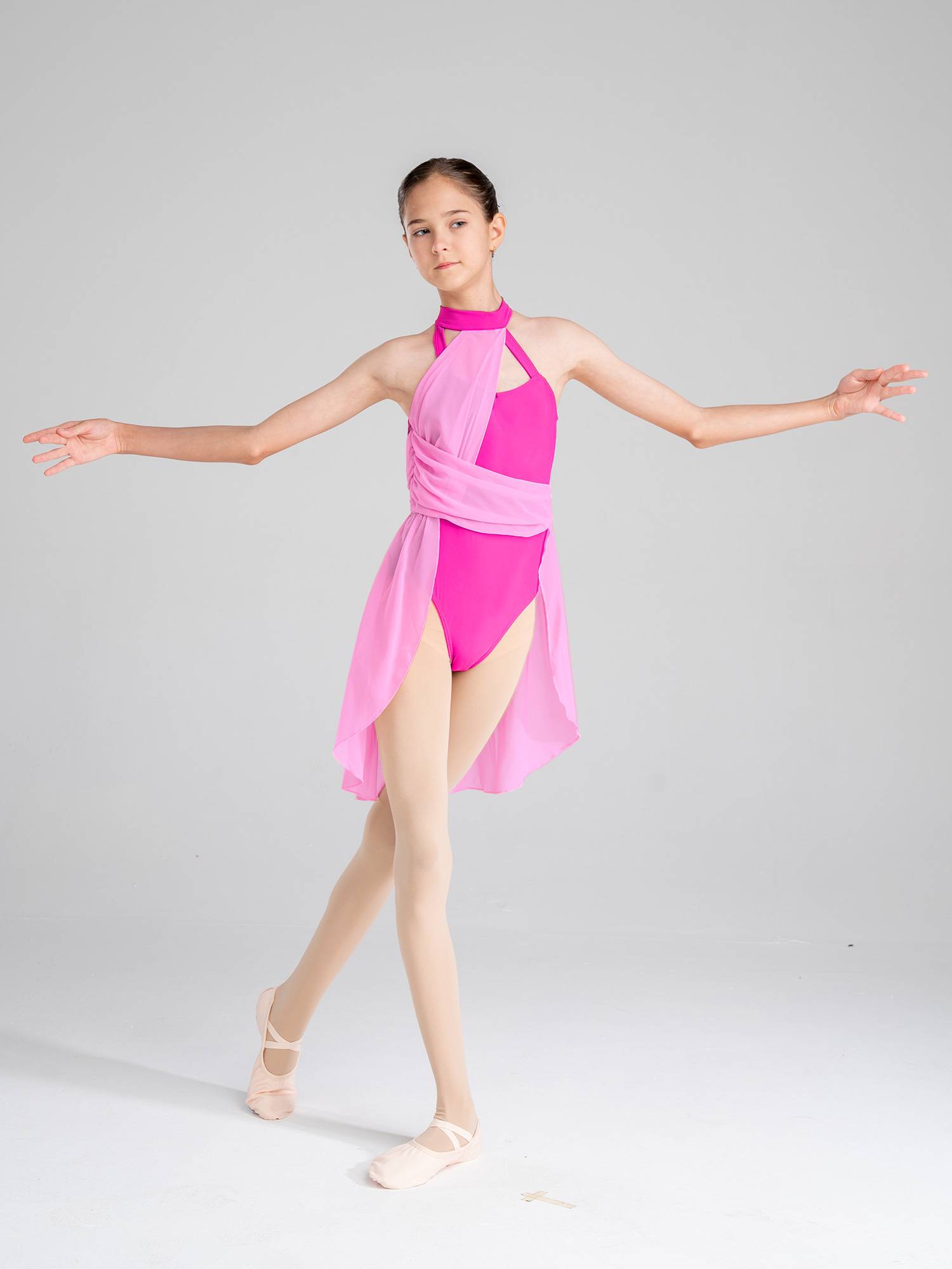 Kids Girls Sleeveless Ruched Chiffon Lyrical Dance Leotard Dress