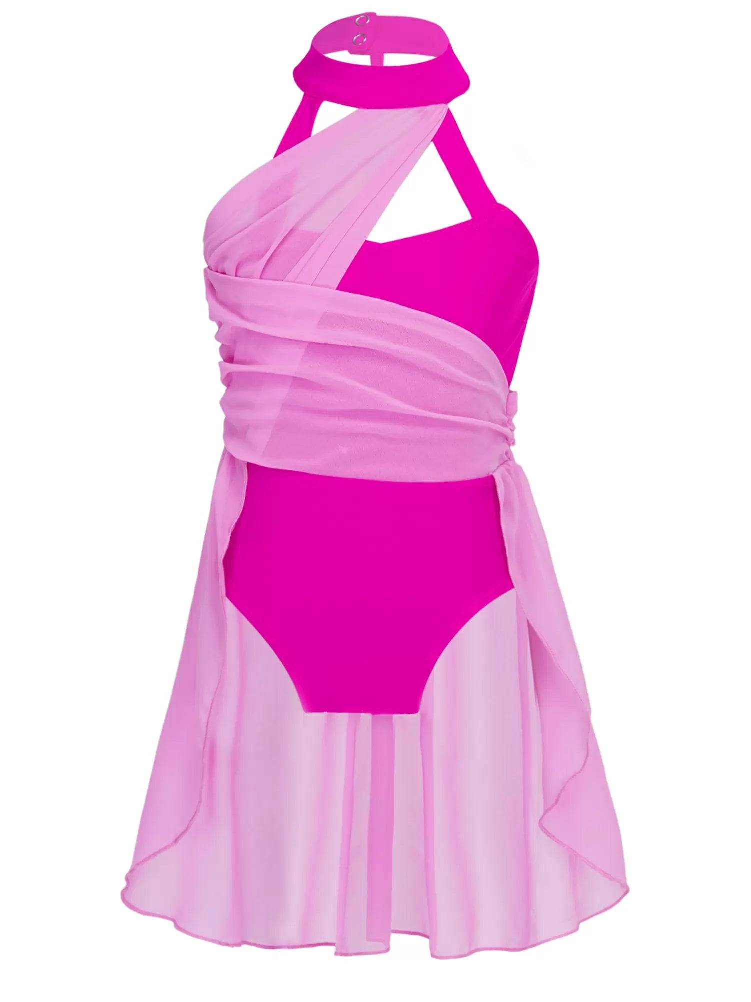 Kids Girls Sleeveless Ruched Chiffon Lyrical Dance Leotard Dress