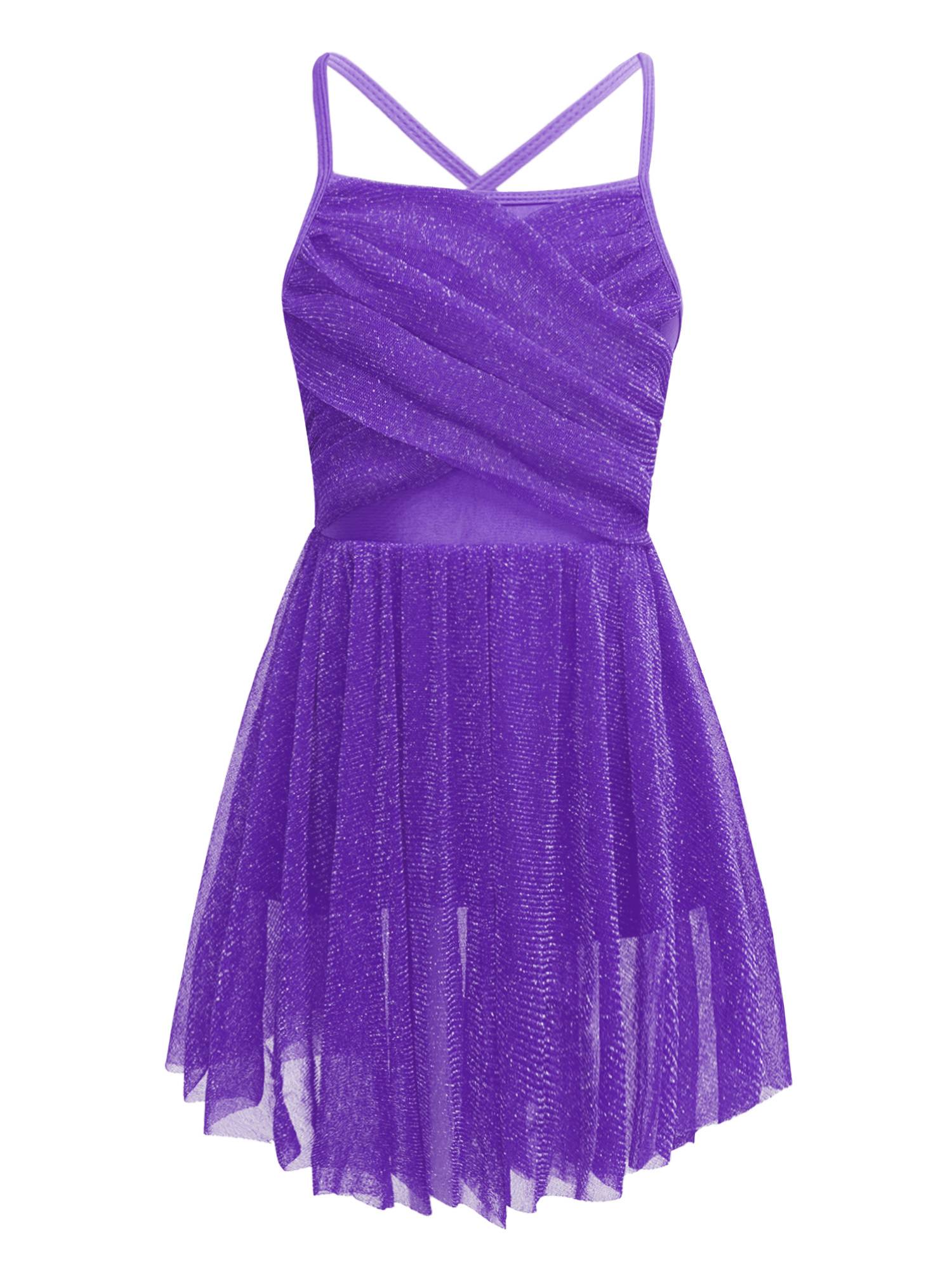 Kids Girls Glittery Mesh Lyrical Dance Gymnastics Leotard Dress