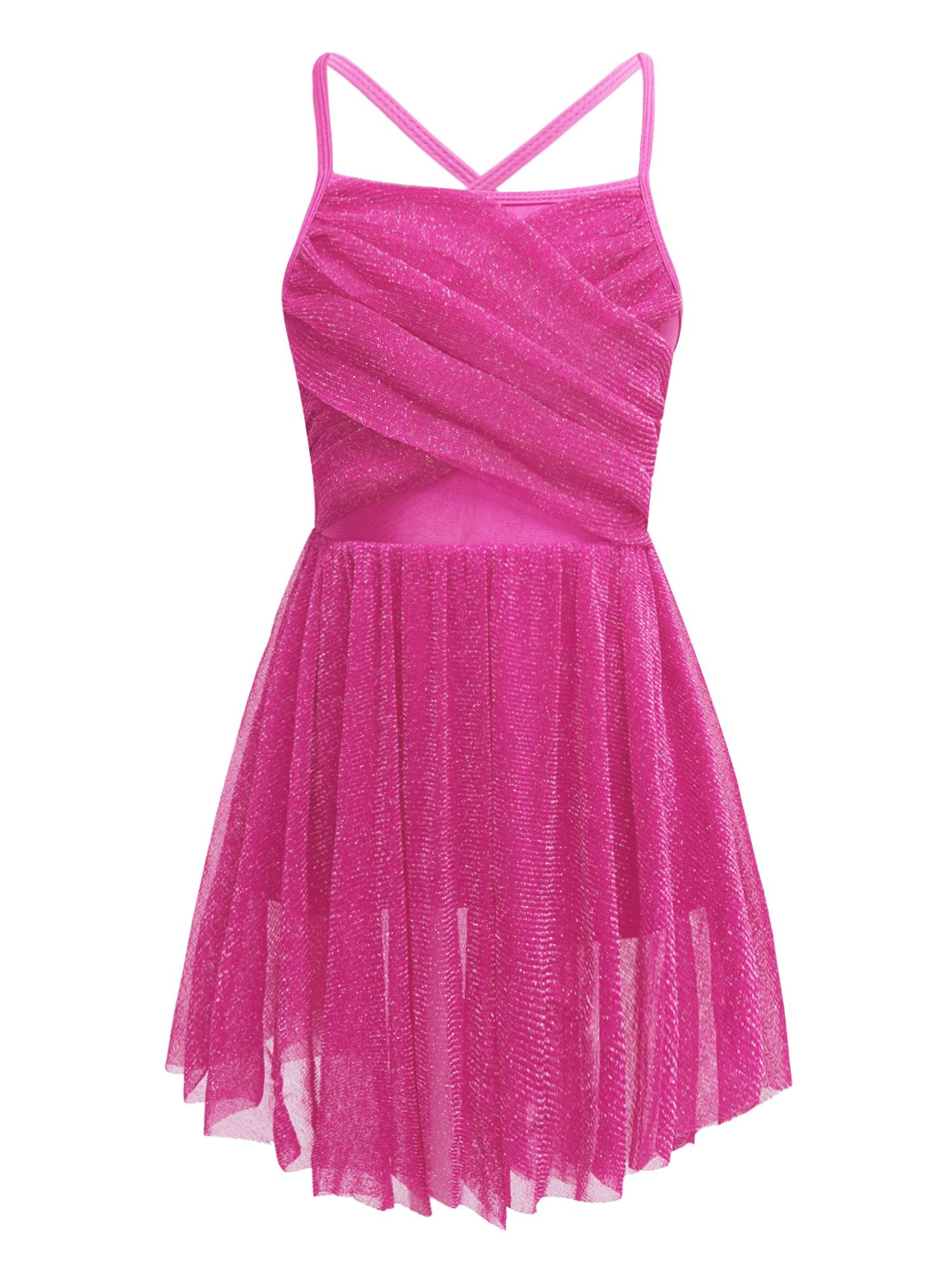 Kids Girls Glittery Mesh Lyrical Dance Gymnastics Leotard Dress