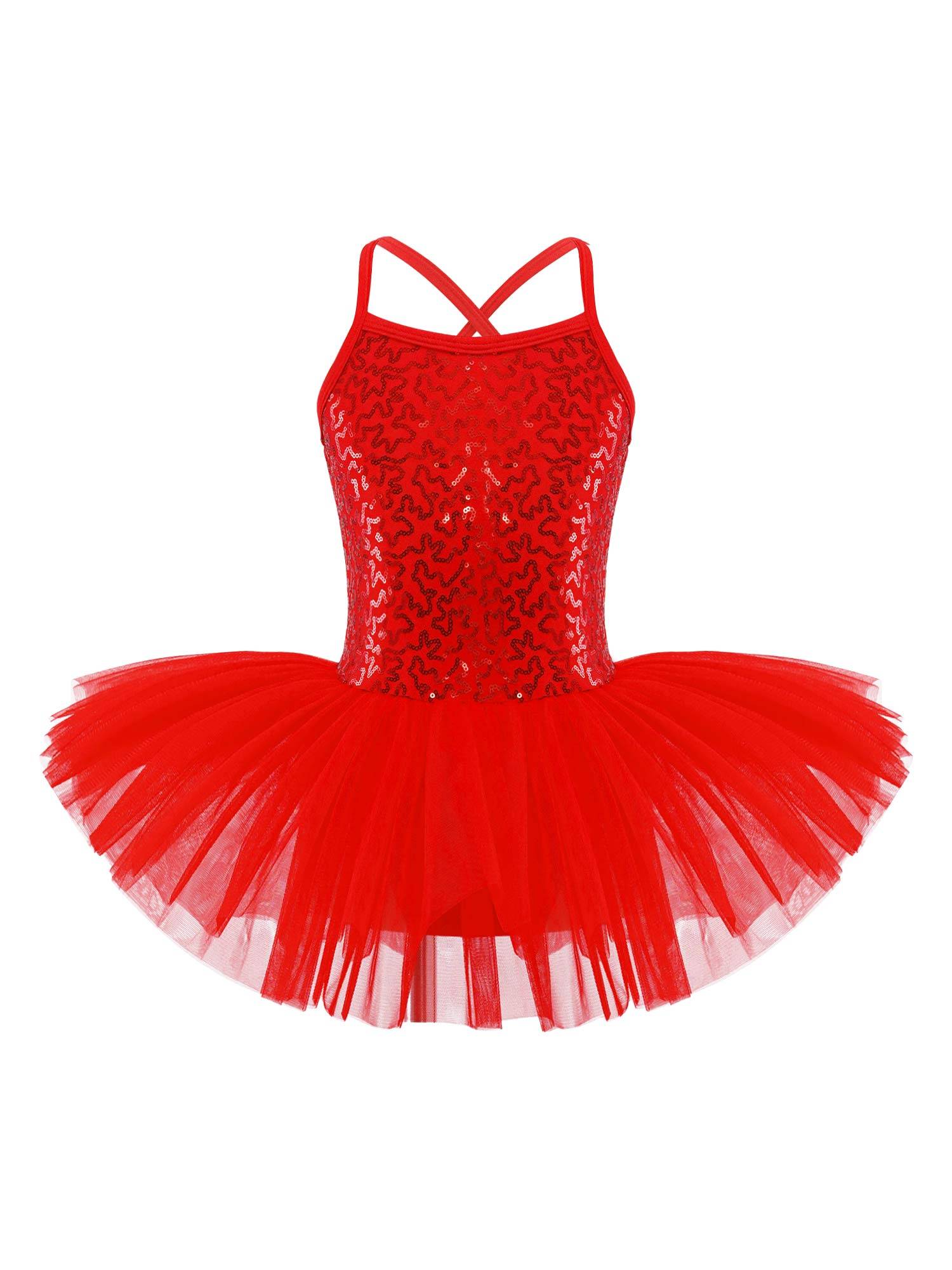 Kids Girls Sequined Ballet Dance Leotard Tutu Dress