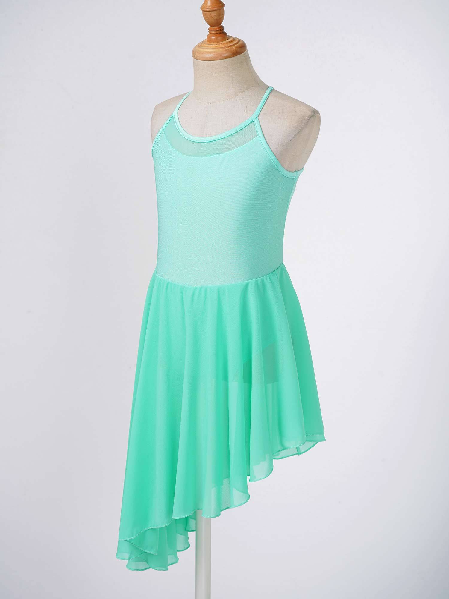 Kids Girls Spaghetti Straps Asymmetrical Lyrical Dance Leotard Dress