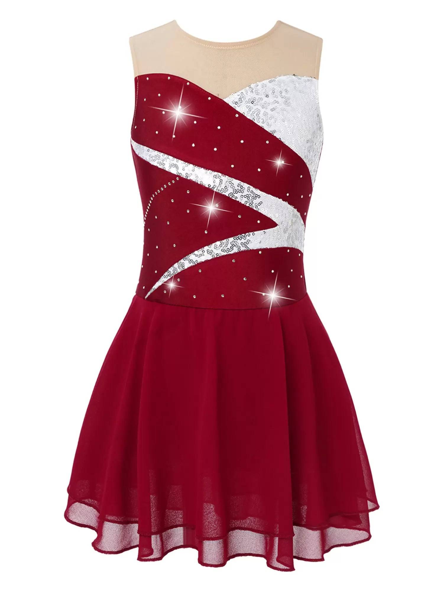 Kids Girls Sleeveless Sequined Rhinestone Skating Dance Dress