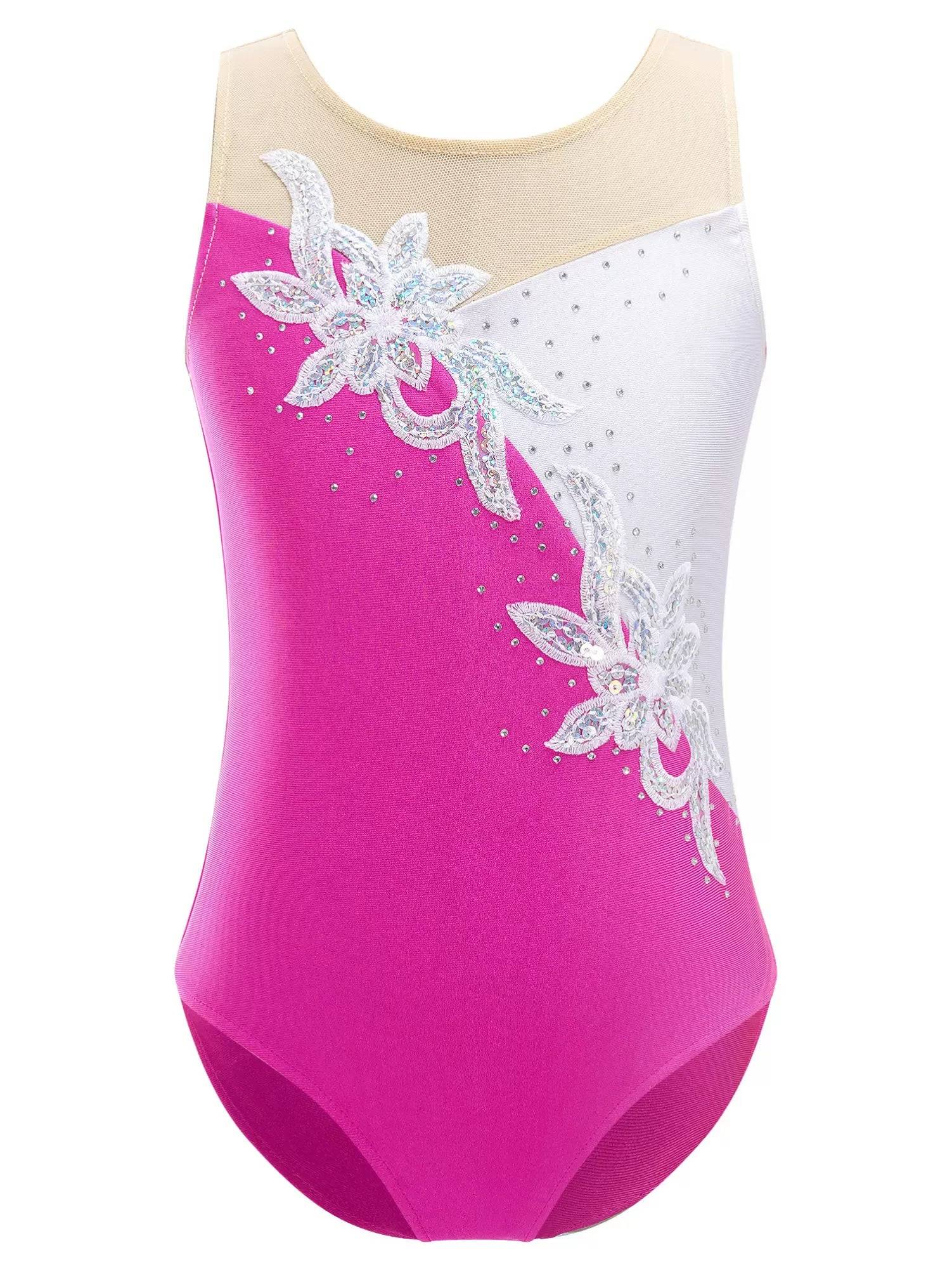 Kids Girls Sleeveless Glittering Sequins Gymnastics Skating Leotard