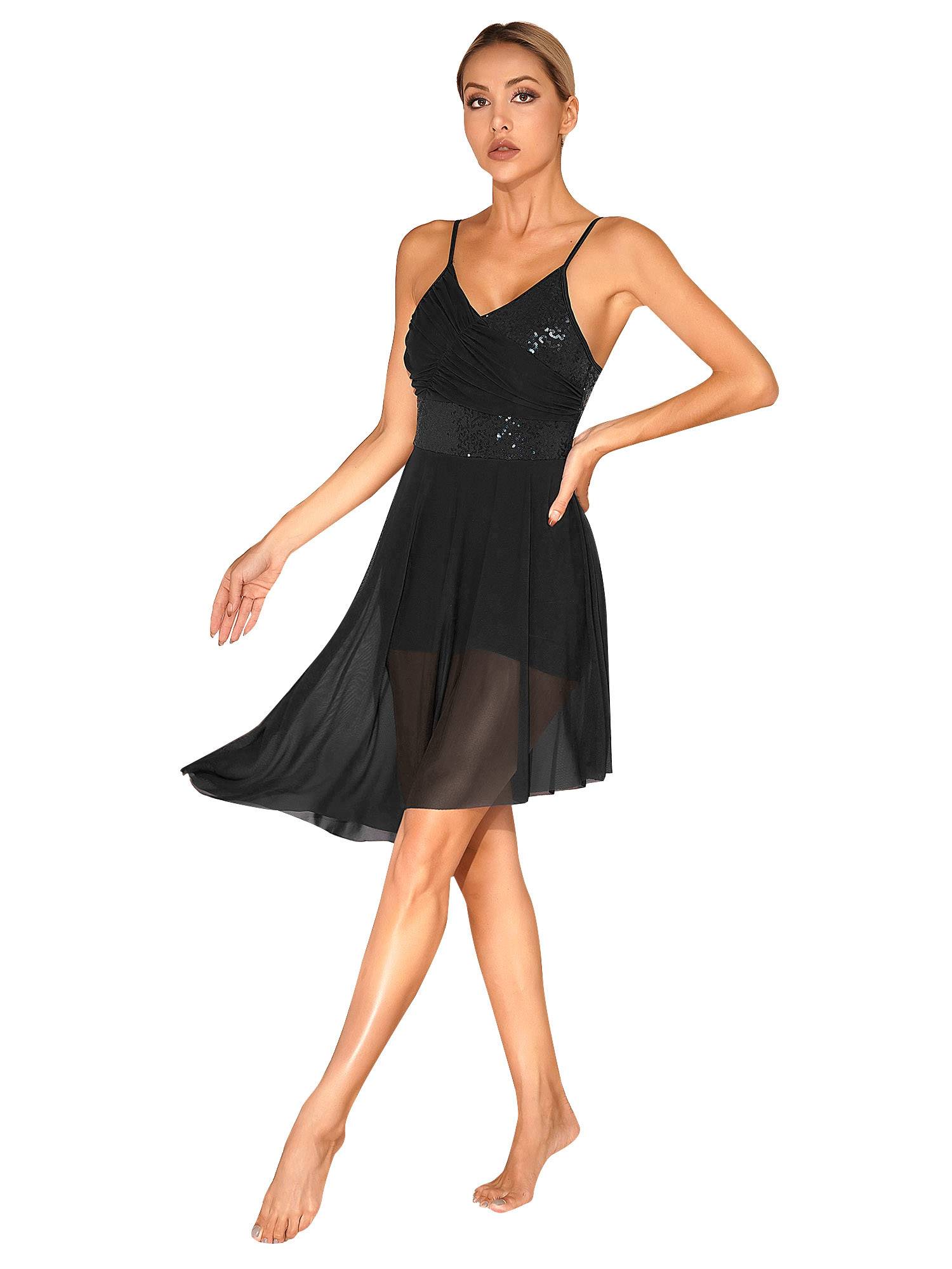 Women Sparkly Sequin V Neck Lyrical Contemporary Dance Dress