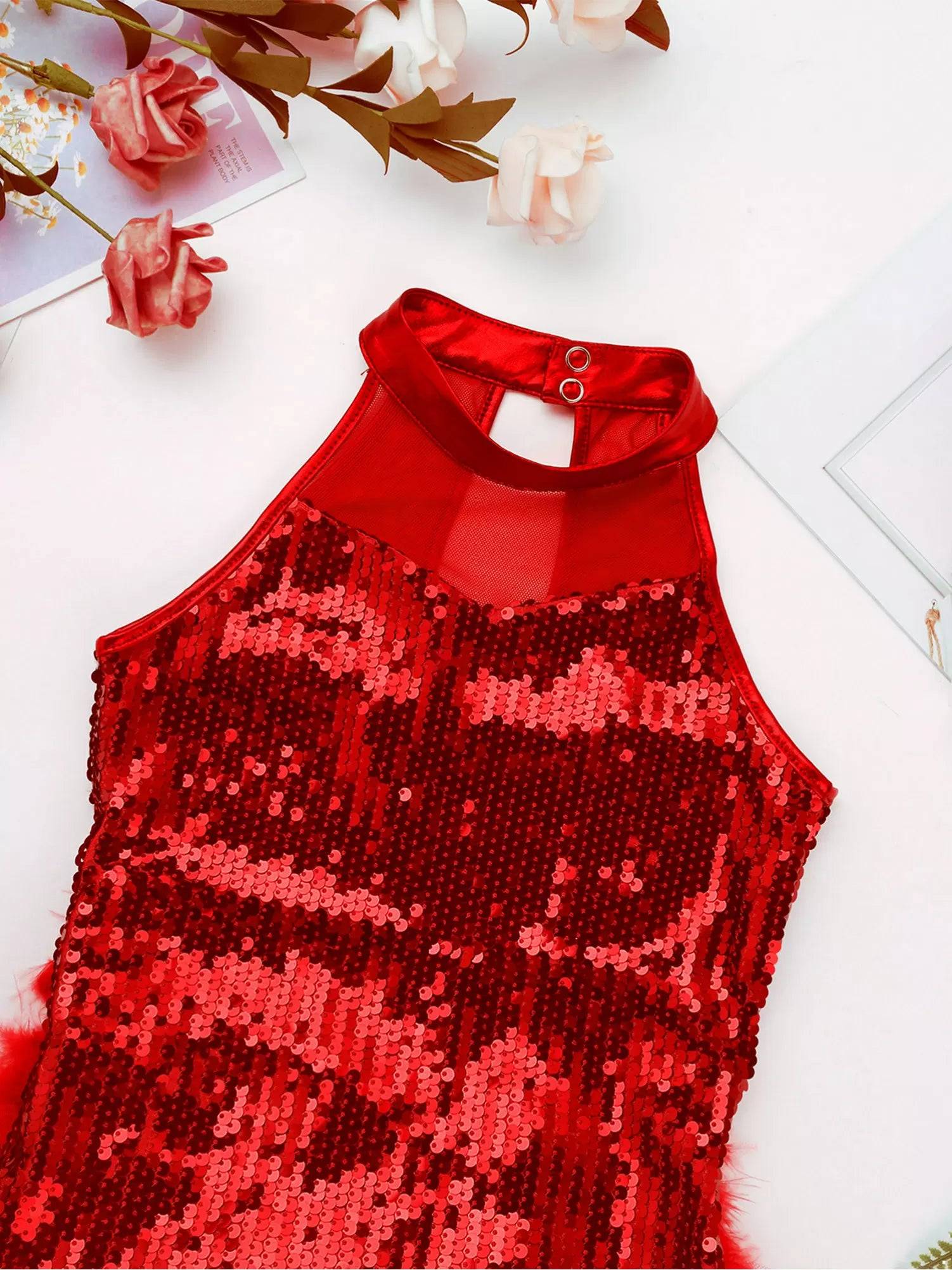 Kids Girls Sleeveless Sequins Jazz Latin Dance Leotard Jumpsuit